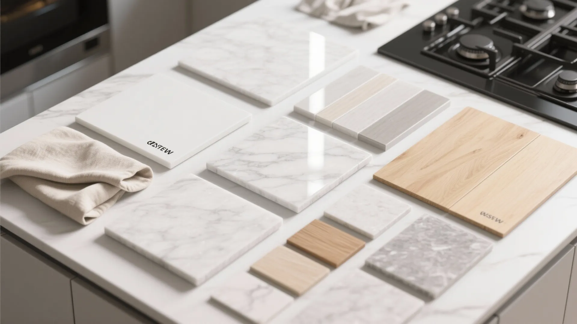 Close up of various kitchen material samples including white marble wood and grey stone tiles