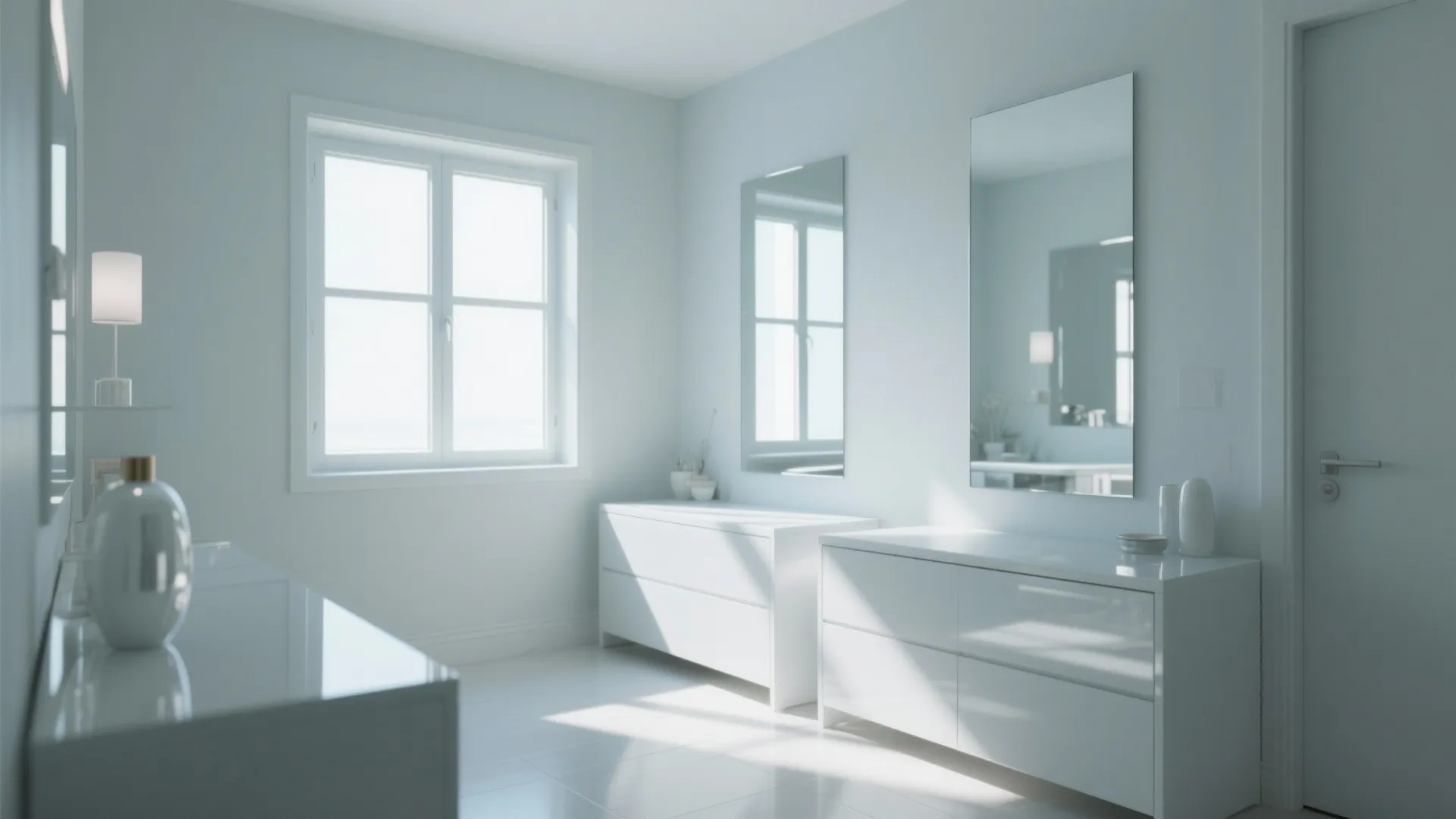 Bright white room with two mirrors on wall white cabinets window and reflective floor surfaces