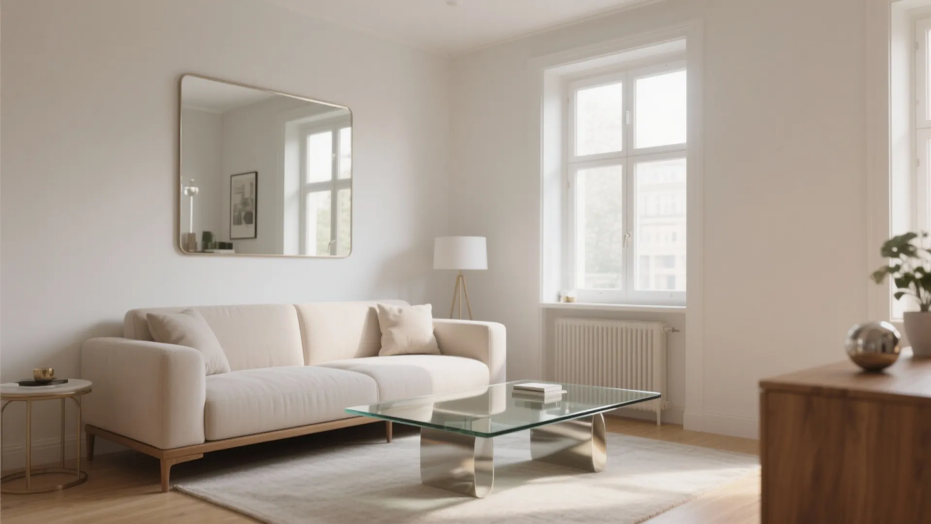 Minimalist living room with beige sofa glass coffee table wall mirror floor lamp and bright window