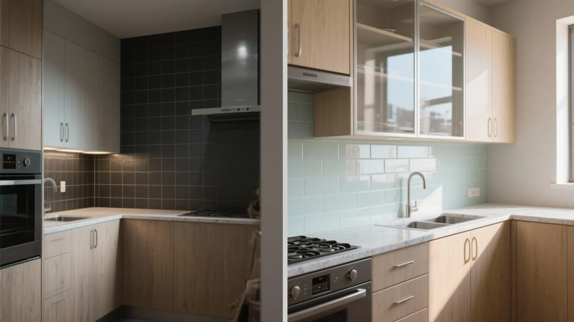 Side by side comparison showing a dark kitchen and a bright kitchen with light tiles