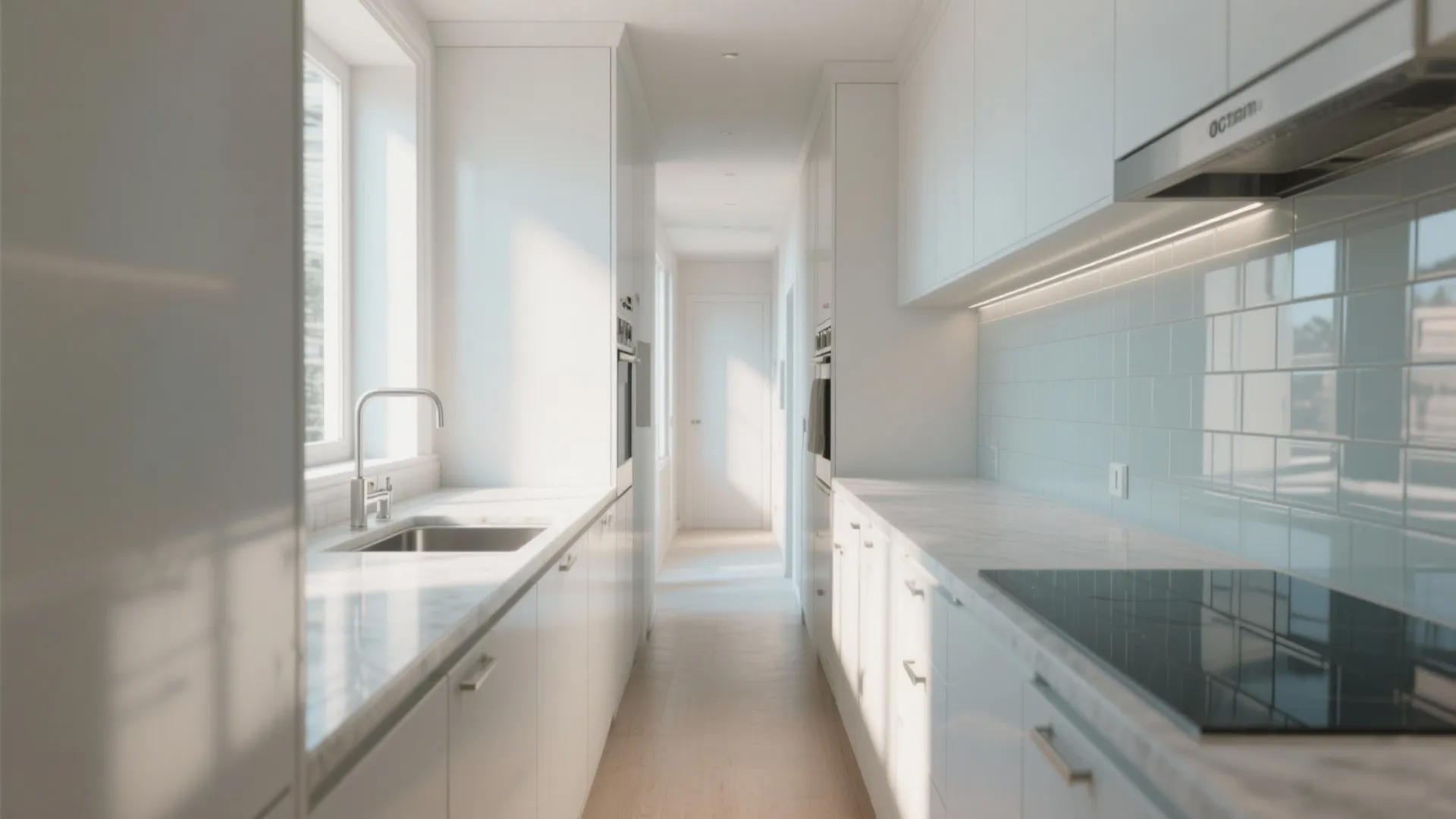 Bright white galley kitchen with marble countertops natural window light blue wall tiles and light flooring