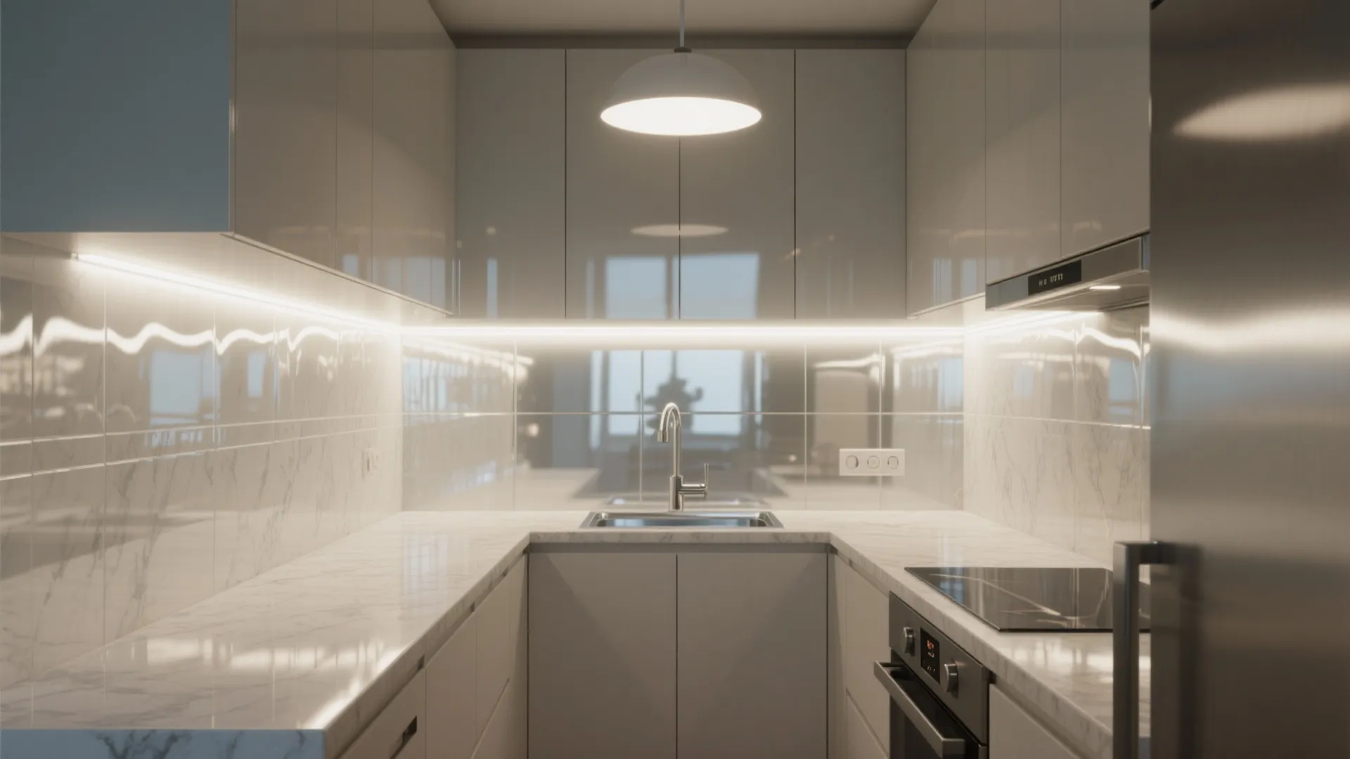 Small kitchen with marble countertops white cabinets ceiling light and bright reflective wall tiles design