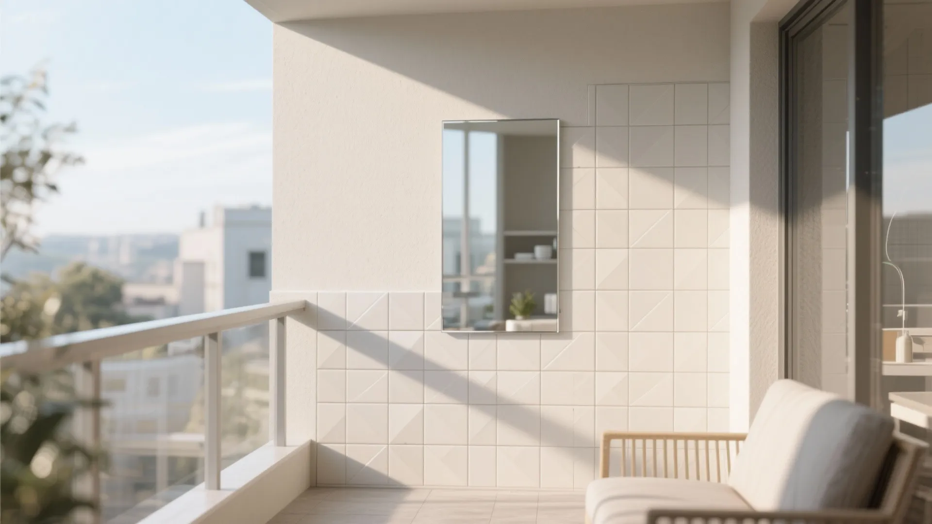 Light and reflective surfaces: pale tiles, glass, and mirrors