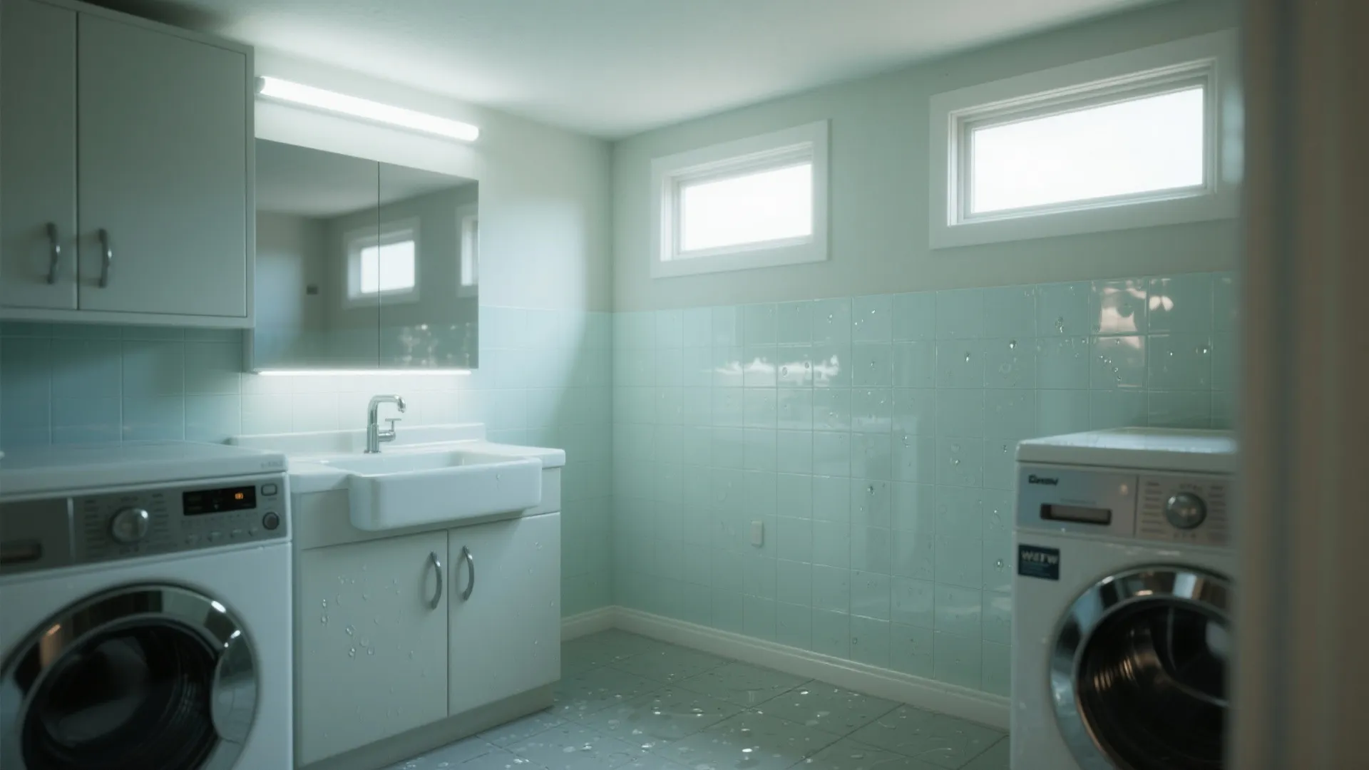 Bright laundry room with blue wall tiles, two windows, white sink cabinet, and washing machines