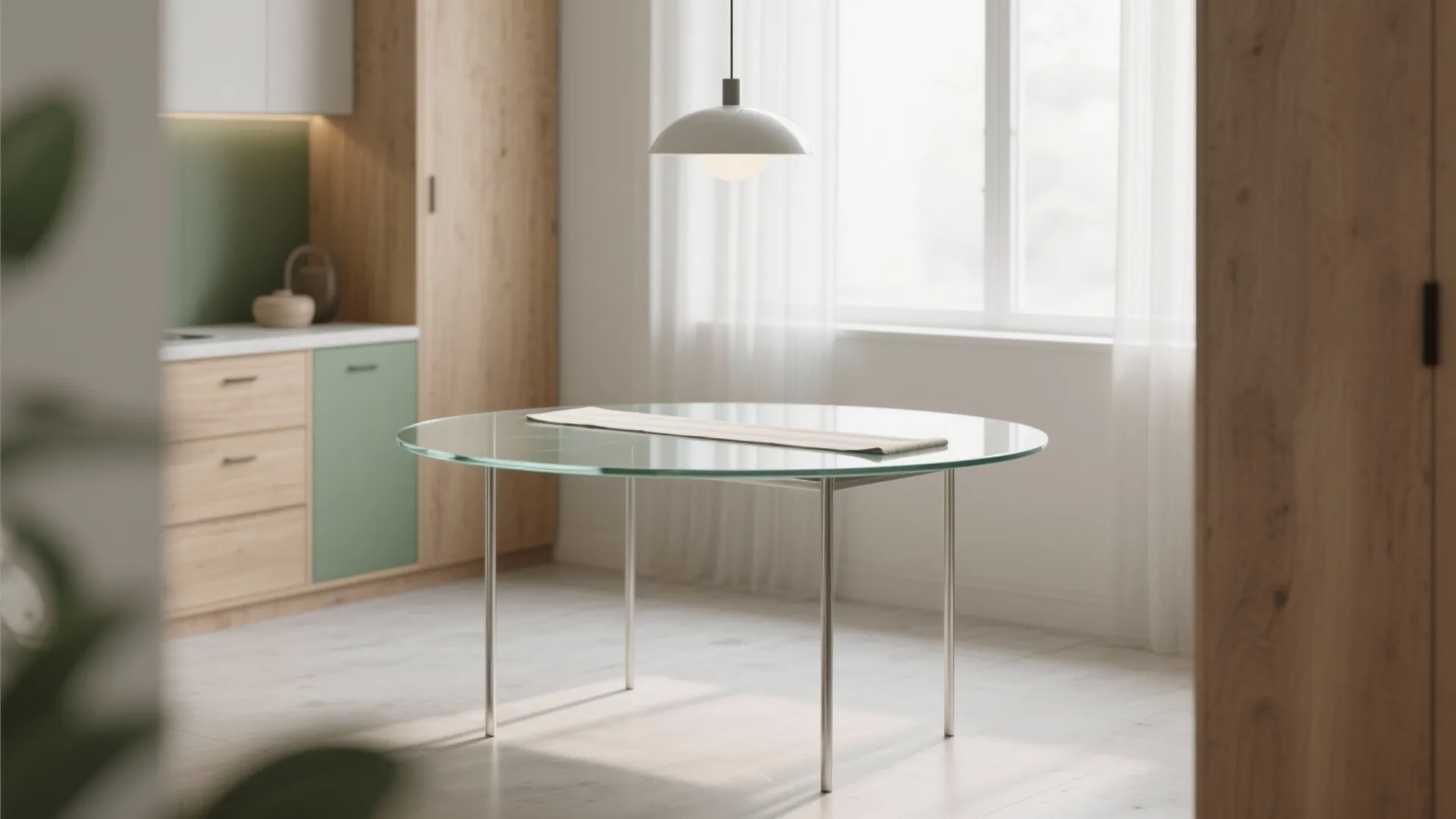 Modern kitchen with a round glass table and a white ceiling light near a large window
