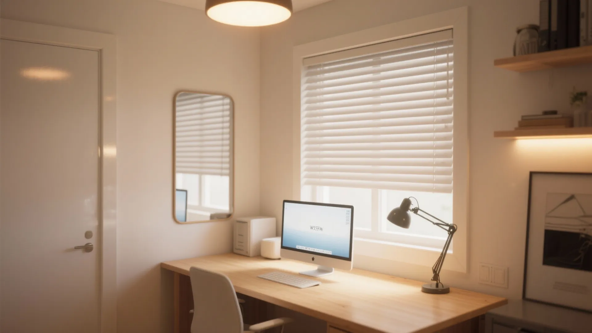 Small office with pale roller blind, layered lighting, and a mirror placed to enhance brightness without screen glare.