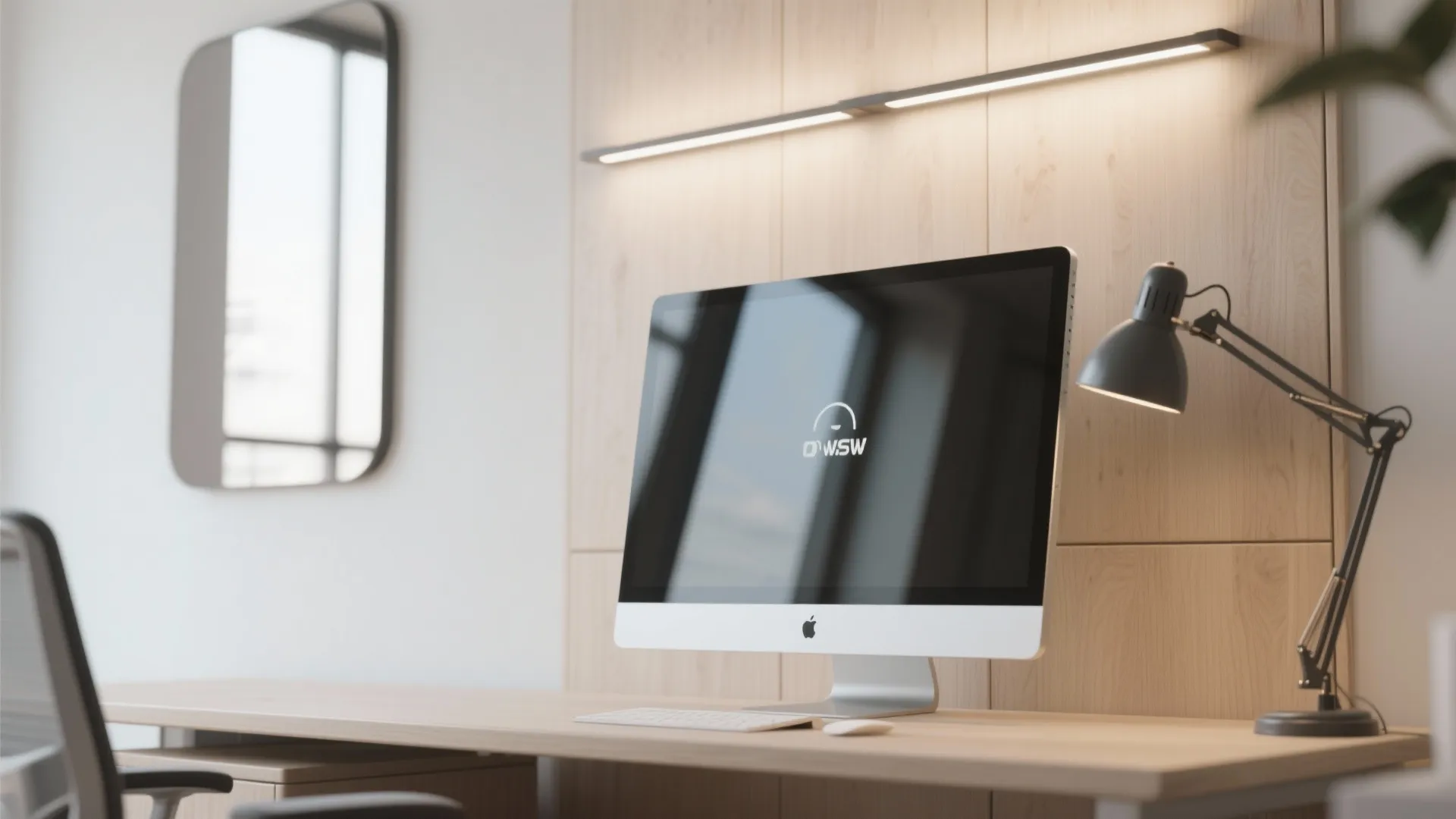 Modern home office desk featuring a computer monitor keyboard mouse desk lamp and bright light