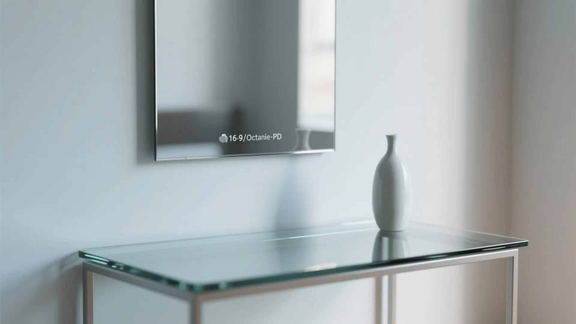 Glass table with white vase against a light wall reflecting a screen in minimalist room