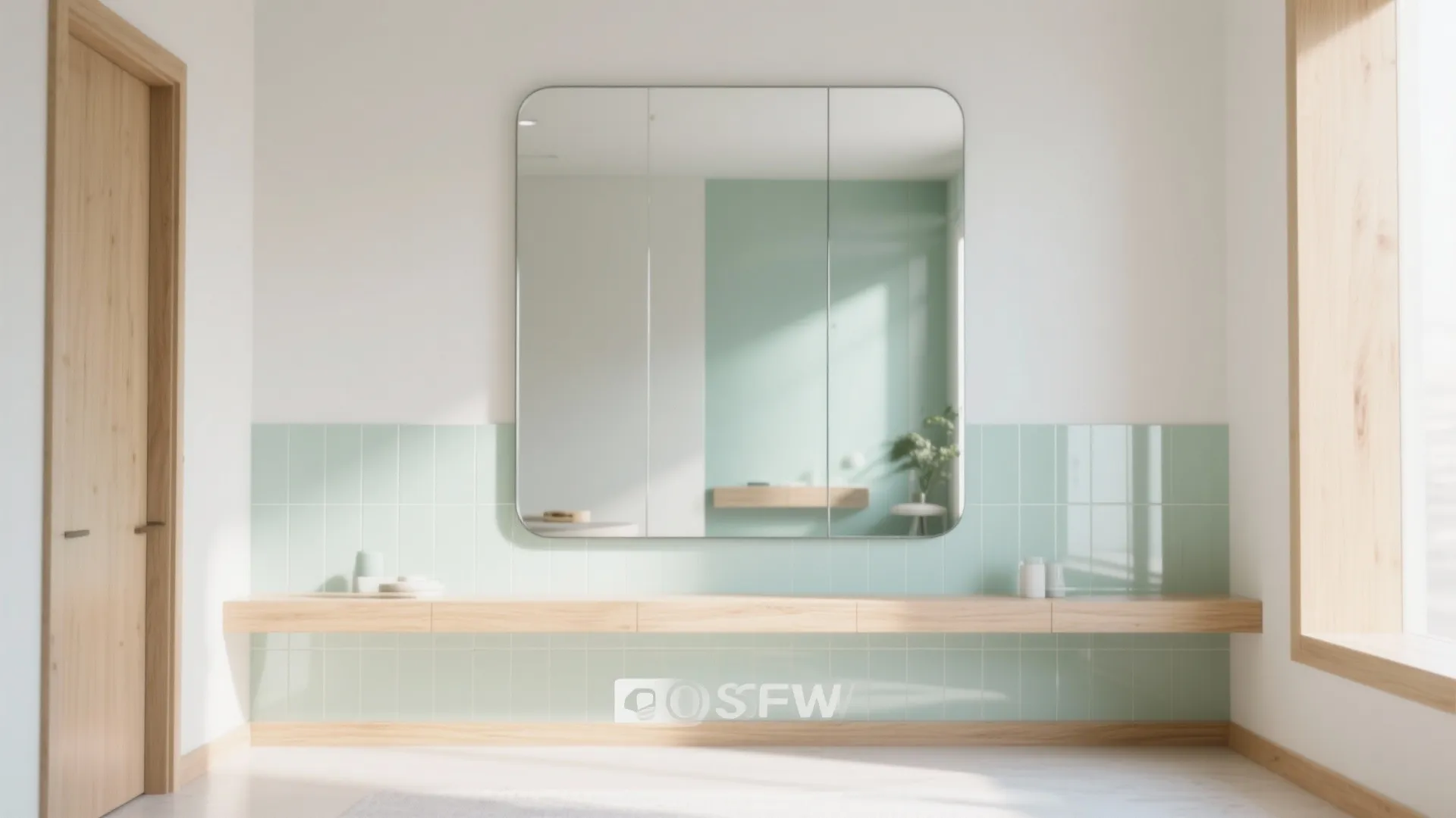 Modern bathroom with a large square mirror green wall tiles long wooden shelf and bright lighting