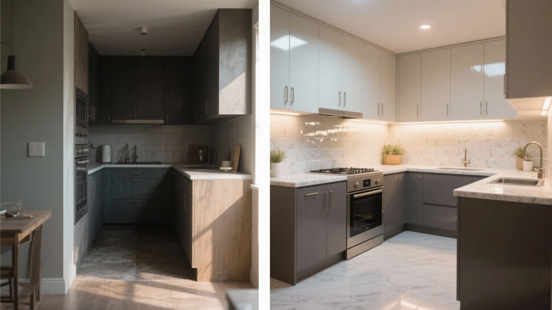 Before-and-after comparison showing dark kitchen renovation into bright space with white cabinets and marble floors