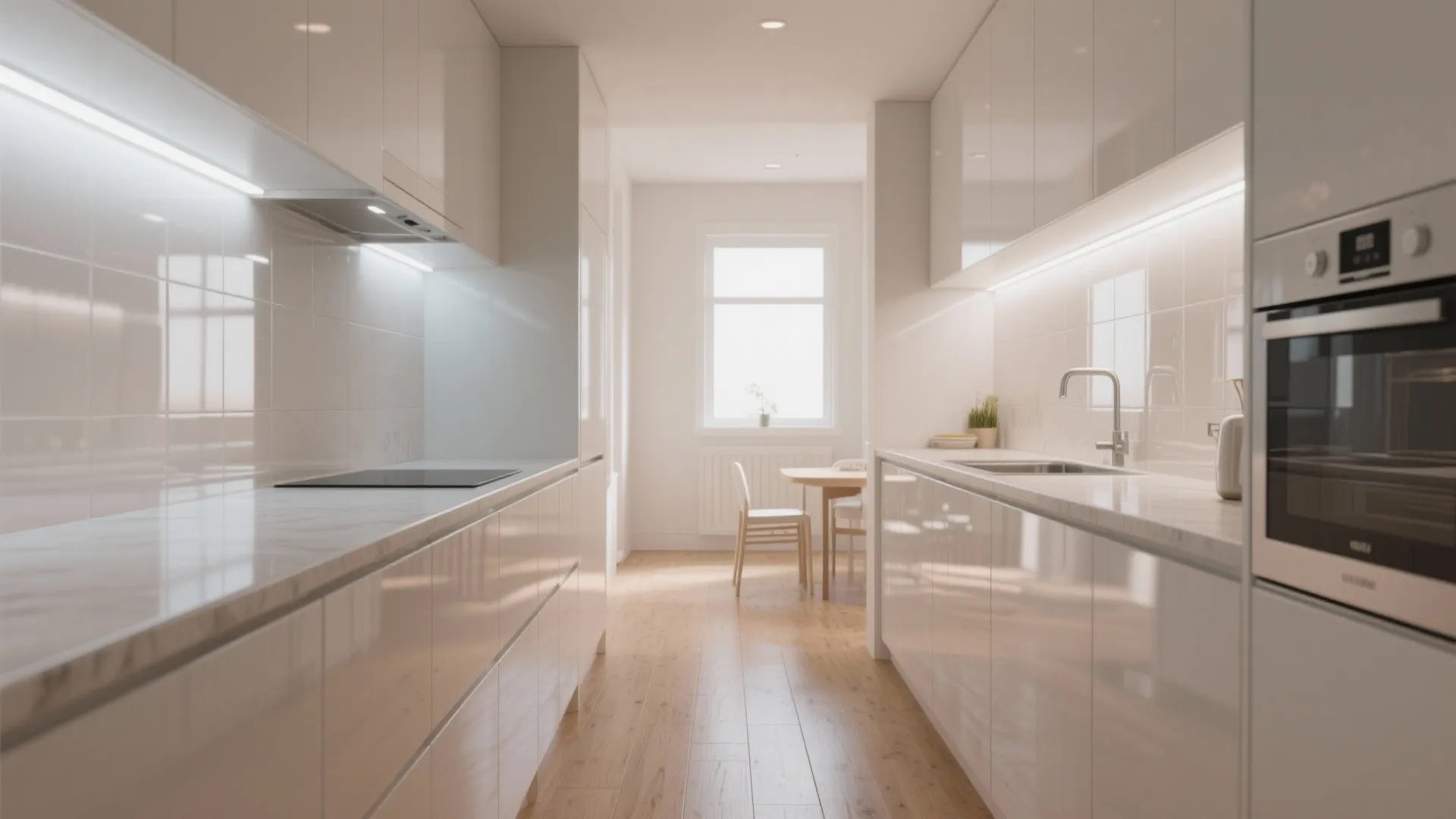Modern narrow galley kitchen with white glossy cabinets marble countertops wood flooring and a window