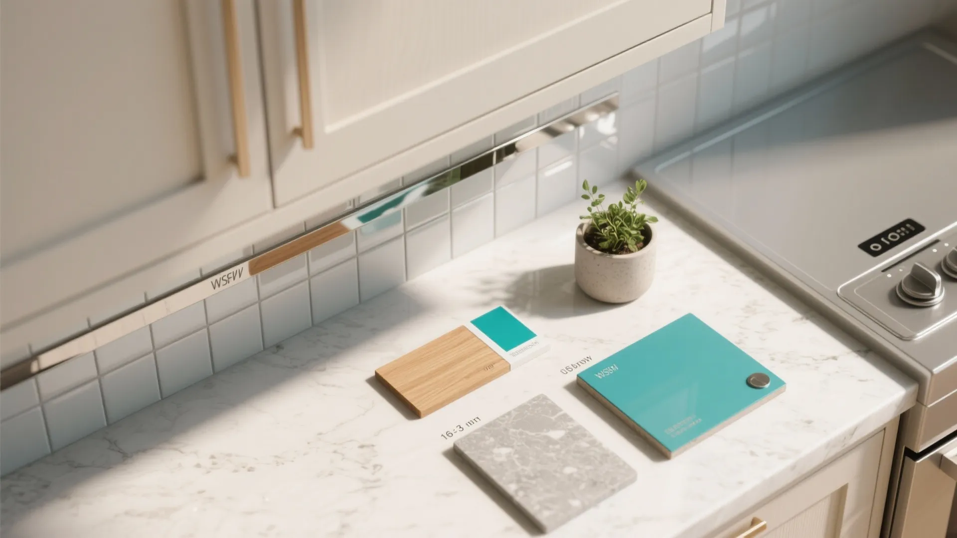 4. Light surfaces, reflective backsplashes, and accent color