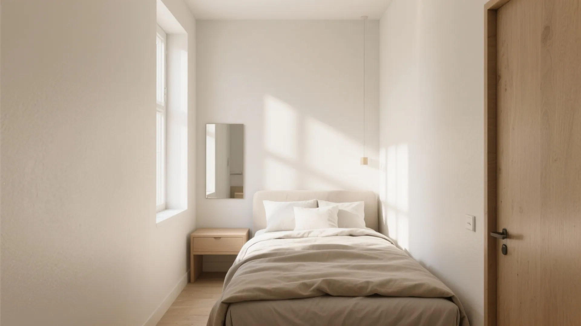 Small minimalist bedroom with white walls bedside table mirror wooden door and bright natural light