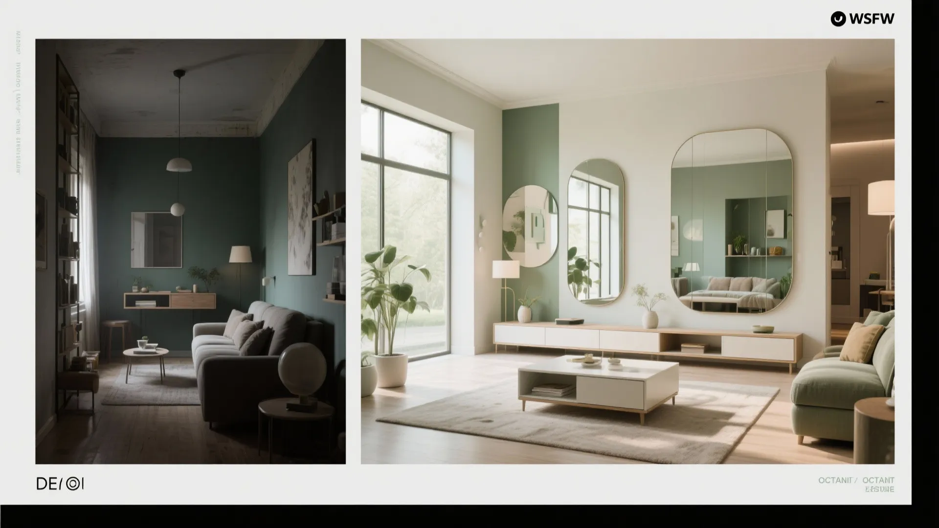 Modern living room with green walls, large wall mirrors, white coffee table, and natural light