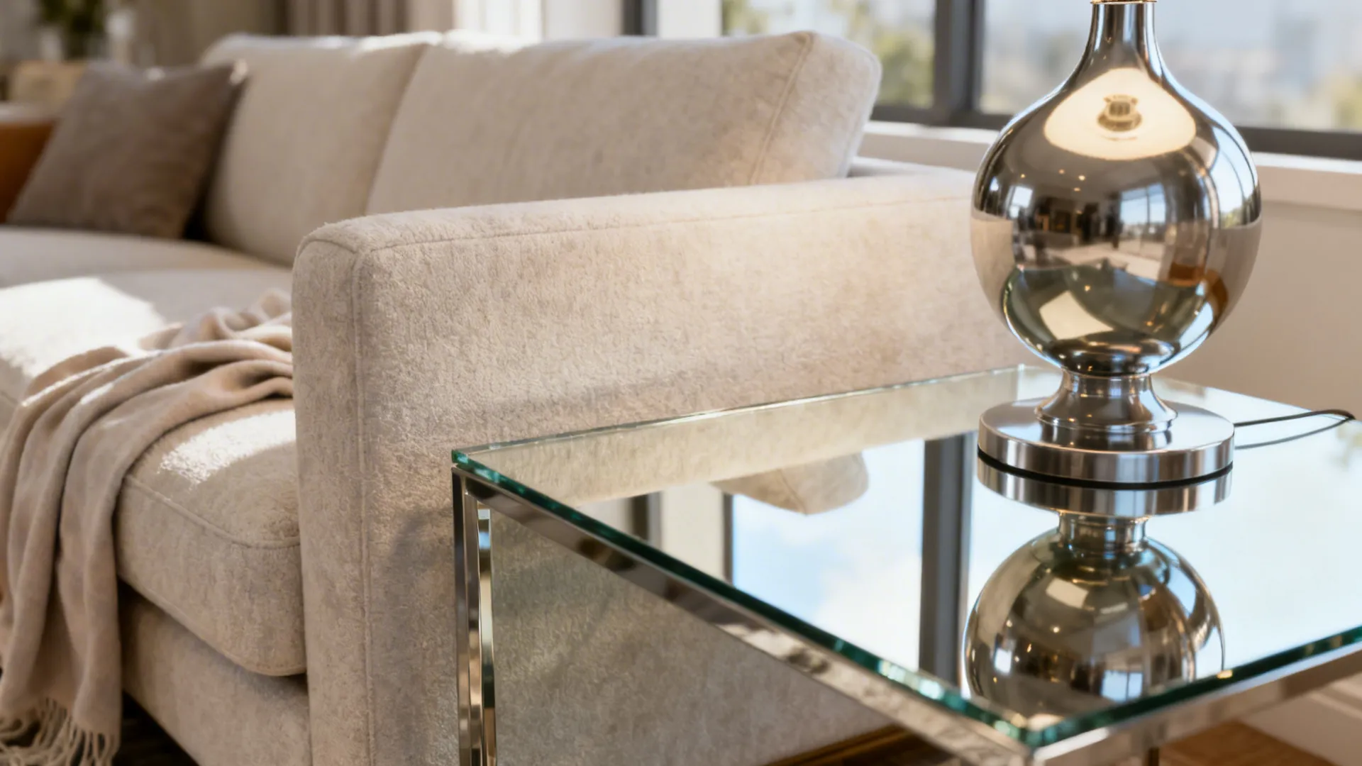 Light upholstery, glass-top table and mirrored accent creating an airy small living room.