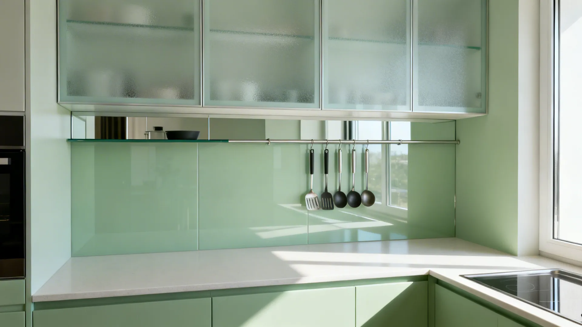 Small kitchen with frosted glass uppers and a slim mirrored backsplash that brightens the space.