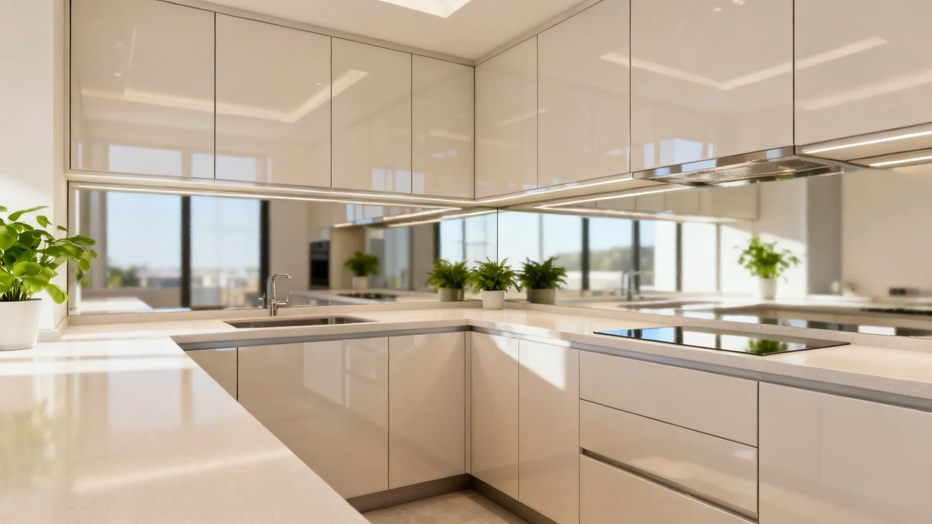 Bright L-shaped kitchen with high-gloss cabinets and a mirrored backsplash amplifying light.