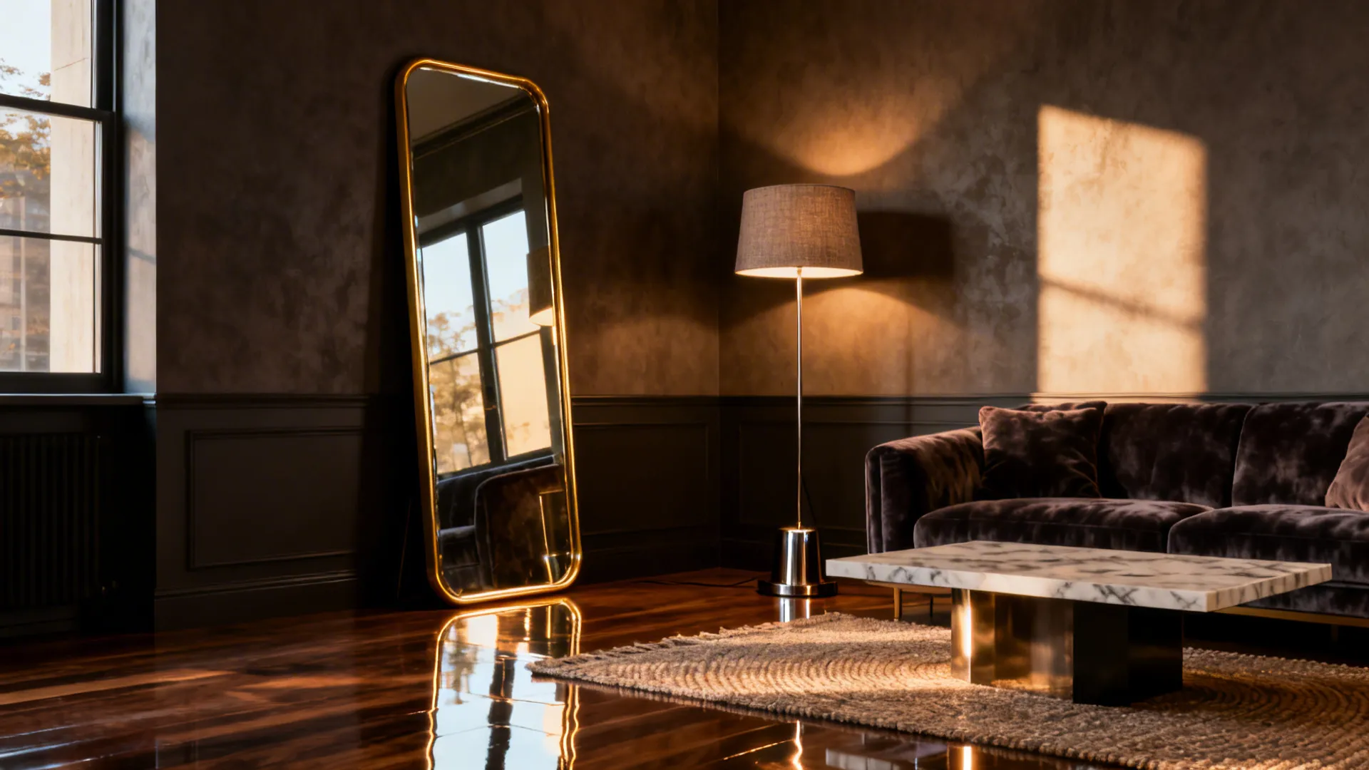 Mirror with gold rim opposite a window bouncing light into a black, gold and grey living area