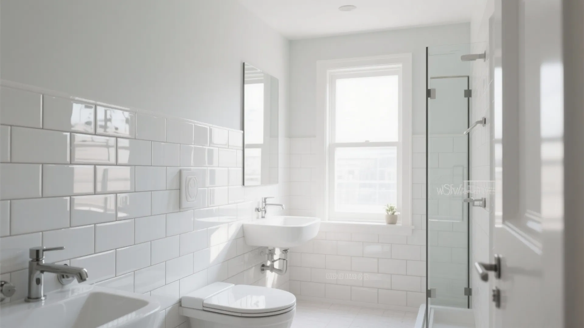 Bright white bathroom with subway wall tile white sink toilet mirror and window with light