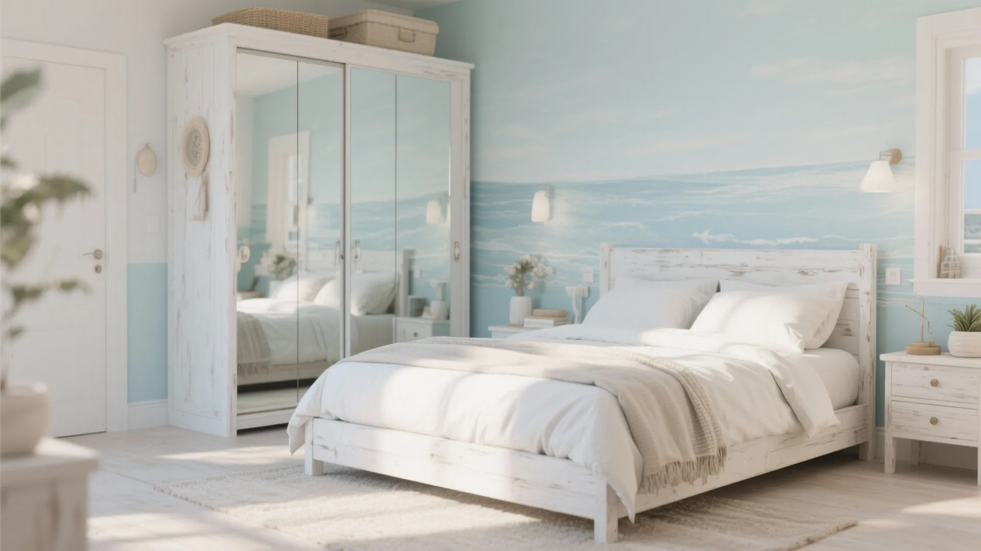 Bright bedroom with white wooden bed mirrored cabinet blue ocean wallpaper and soft natural lighting