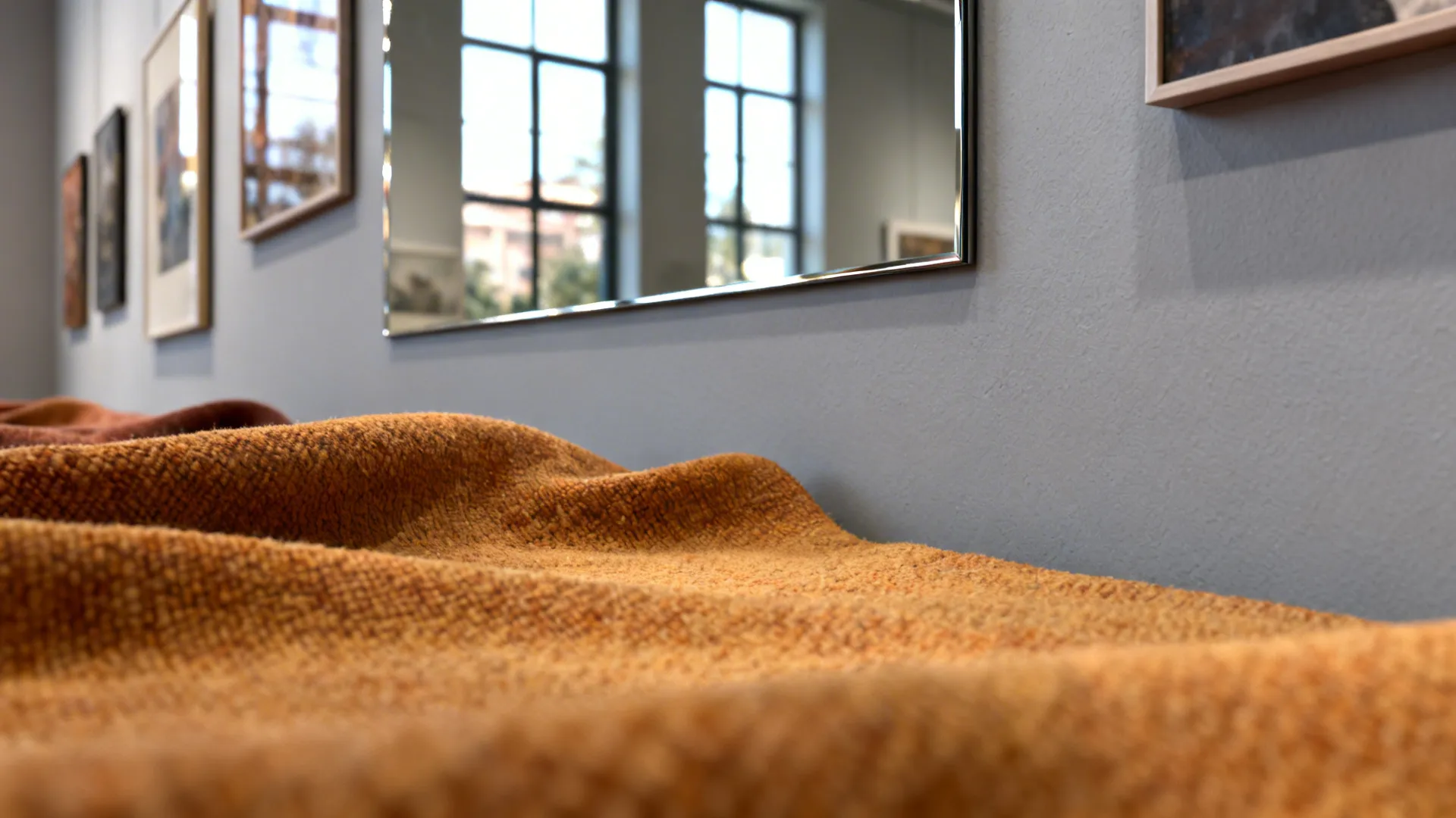 Close up of textured orange fabric with a mirror and framed art on blue wall