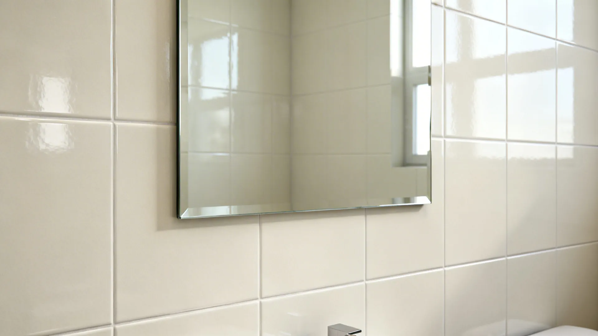 Close-up of pale wall and large mirror reflecting light in a small toilet room