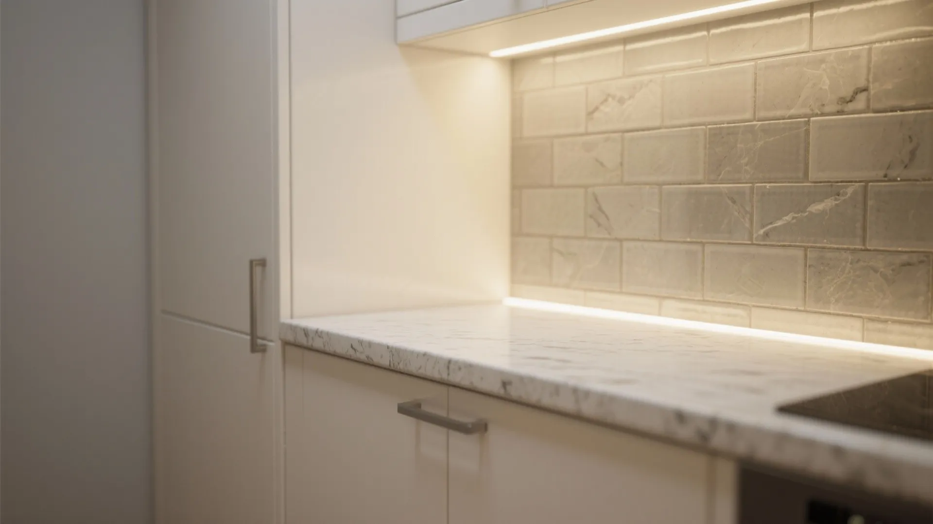Modern kitchen with marble countertop light grey brick wall tiles and soft yellow cabinet lighting