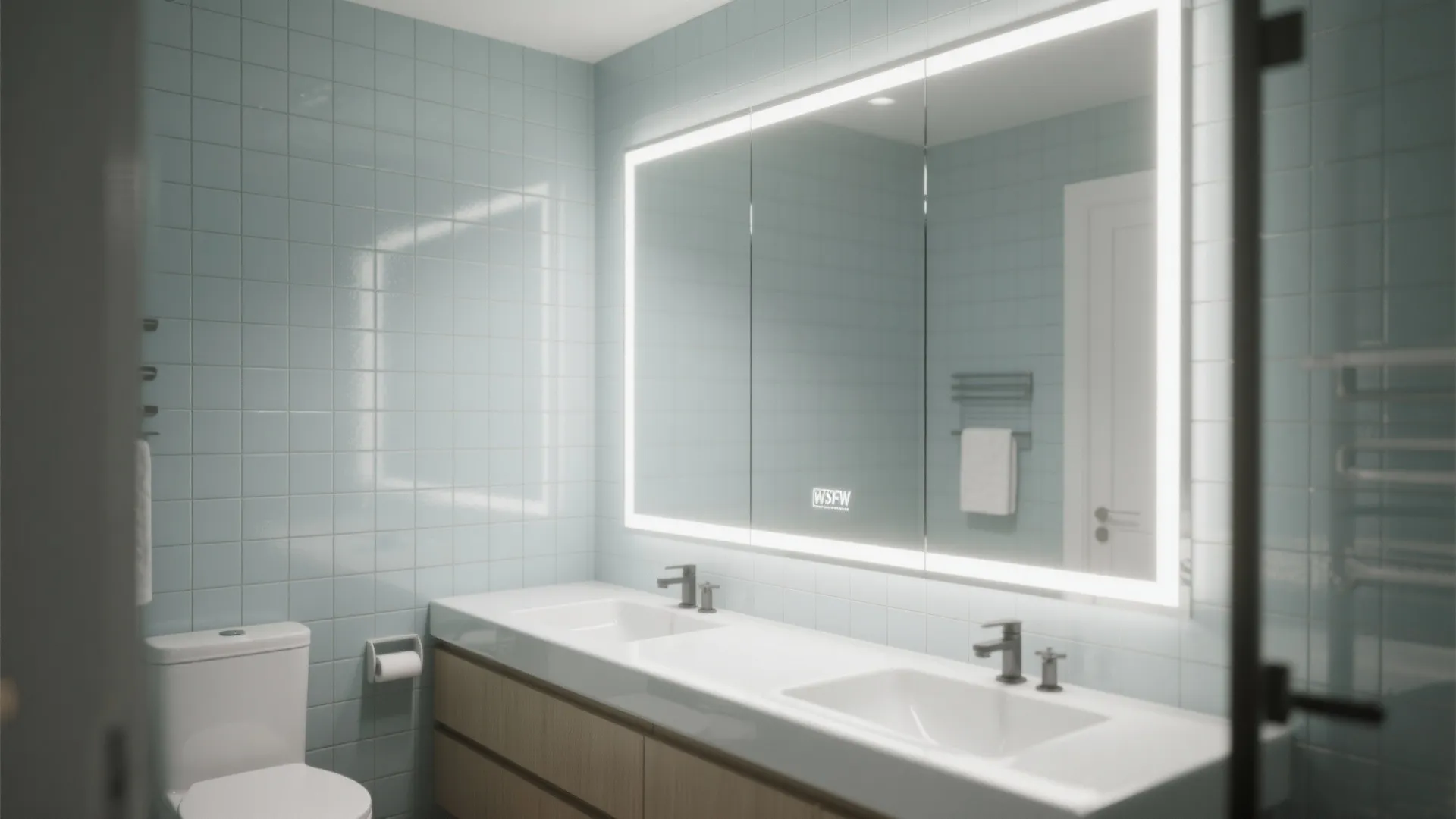 Small bathroom with light tiles and an oversized mirror that reflects light