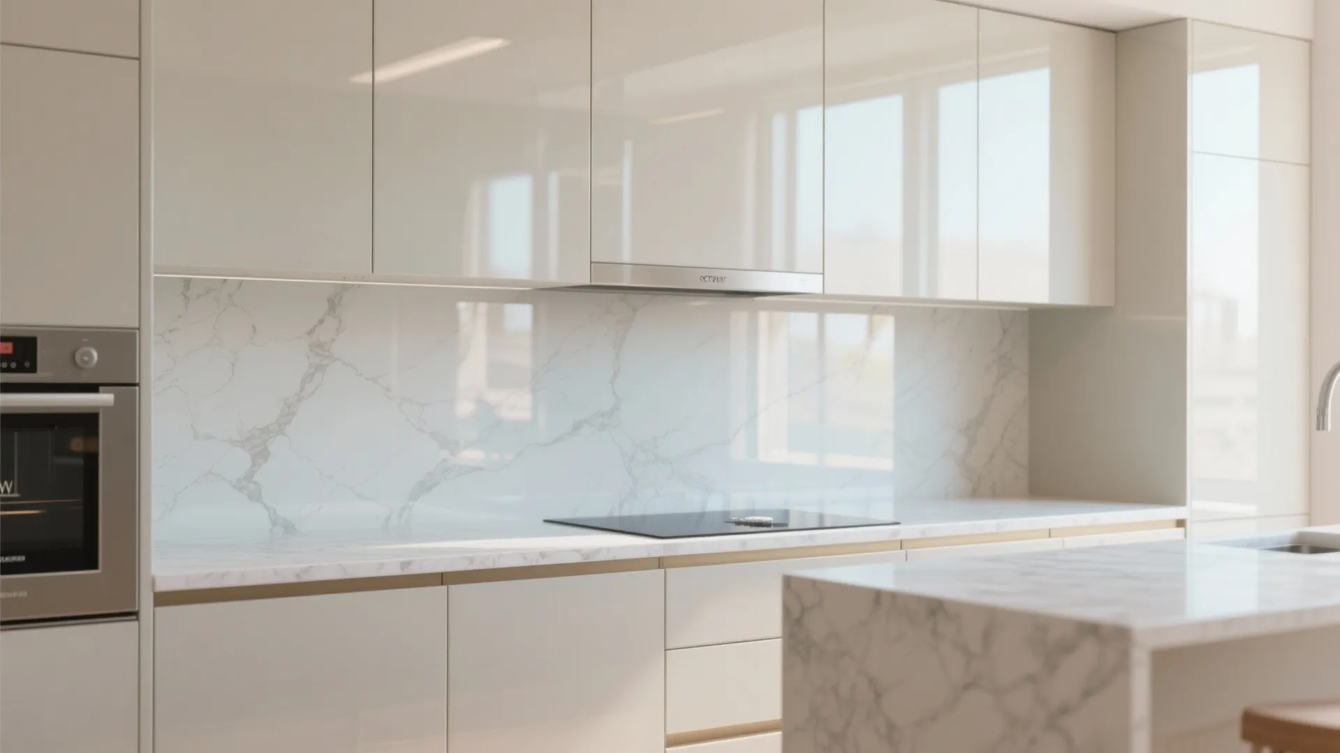 Pale glossy cabinets and light quartz countertop reflecting light to brighten a small kitchen