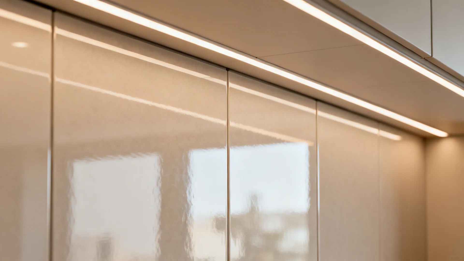 Glossy backsplash and pale cabinets with layered lighting creating a larger feel.