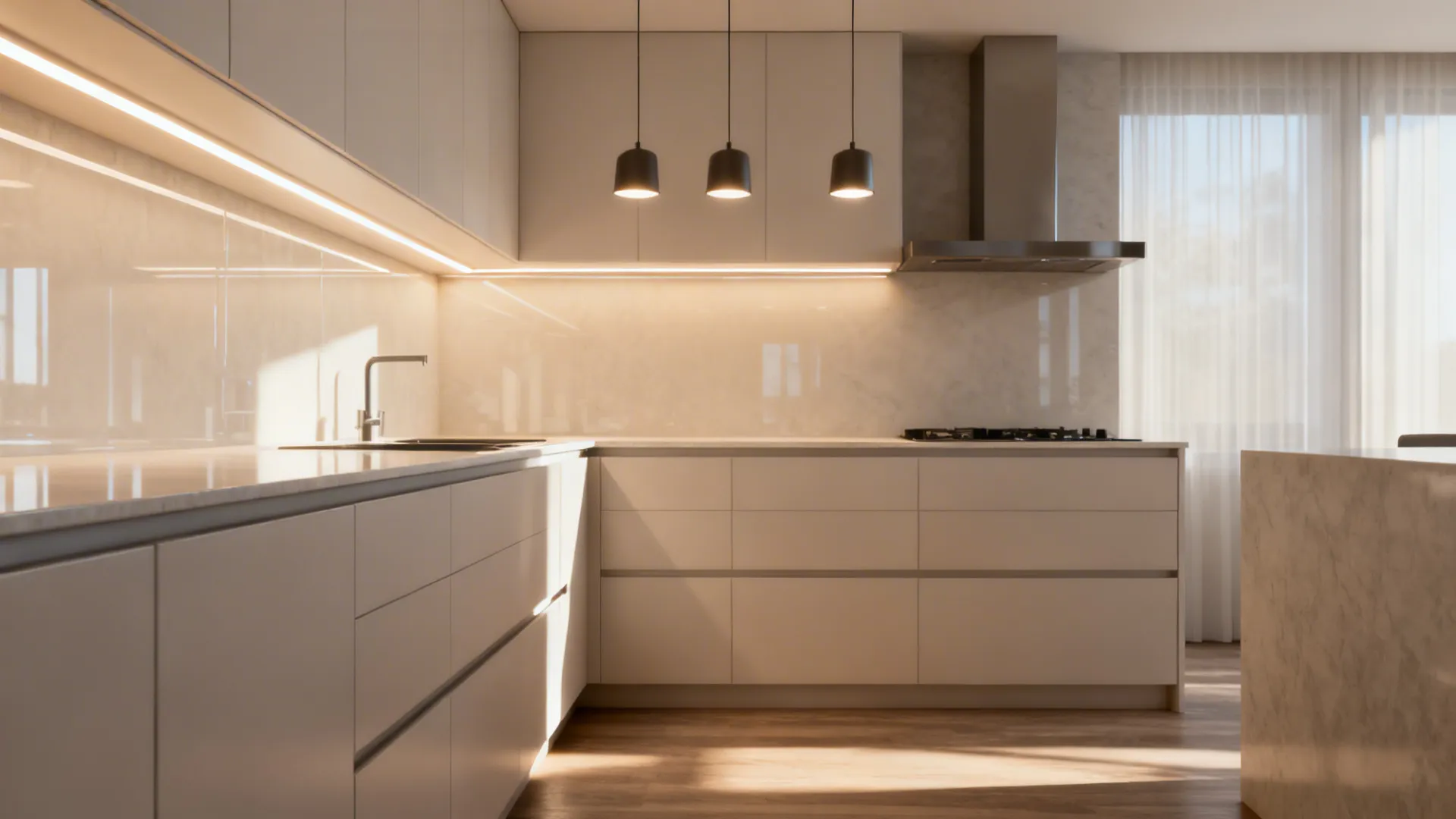 Small kitchen using reflective backsplash, pale cabinets, and layered lighting to appear larger