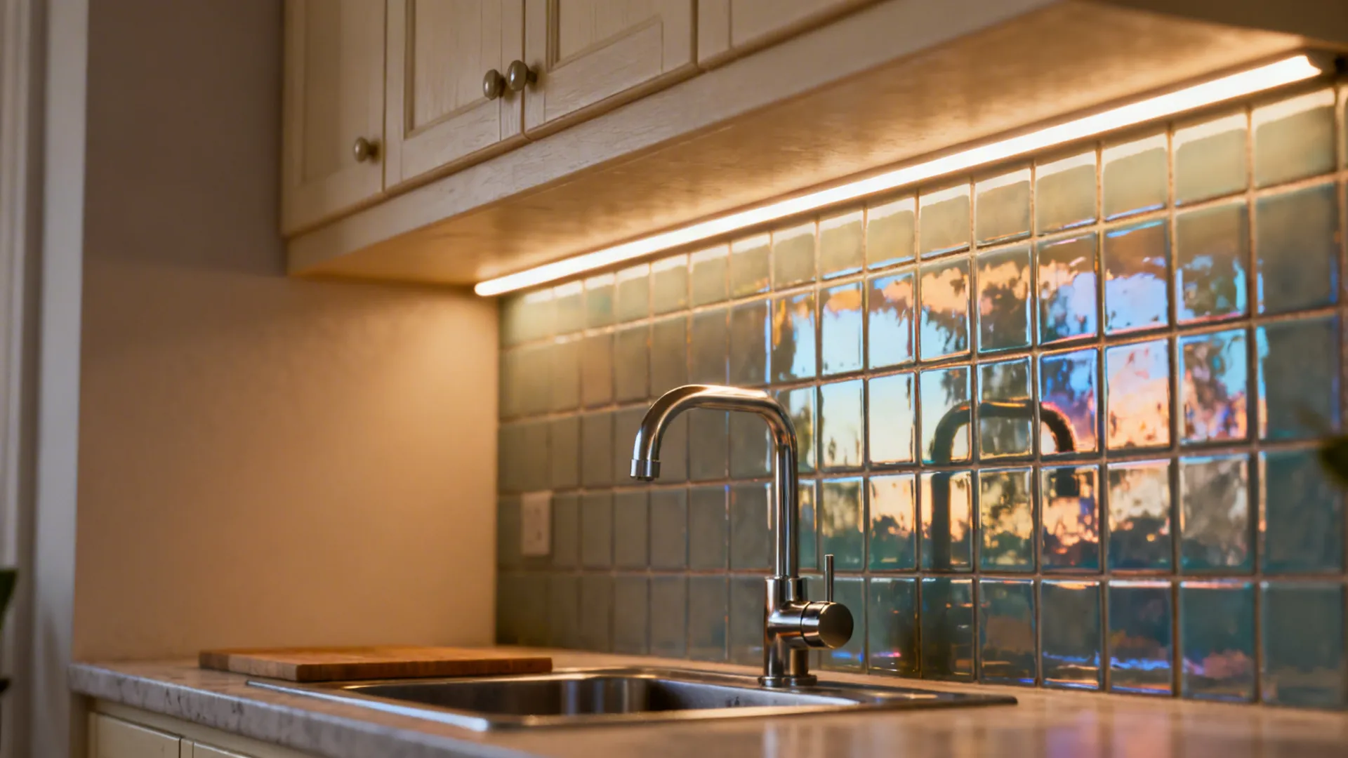 Reflective backsplash and layered task lighting in a small kitchen creating a brighter, more open feel.