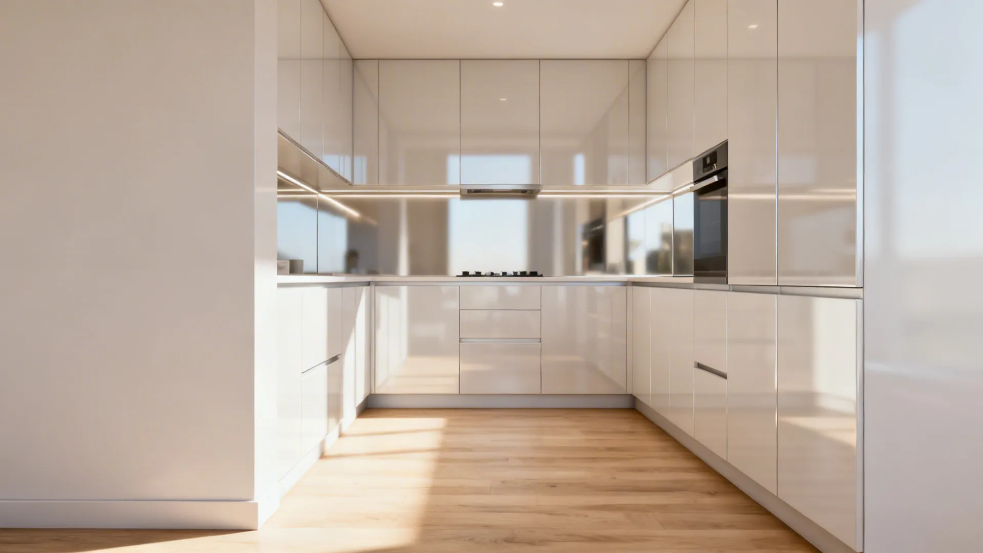 Small kitchen with light reflective finishes and continuous cabinet lines to enlarge space