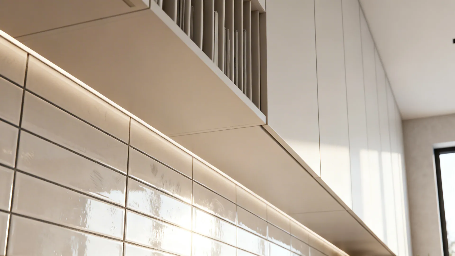 Glossy backsplash and tall cabinets using vertical space to enlarge the feel of a small kitchen