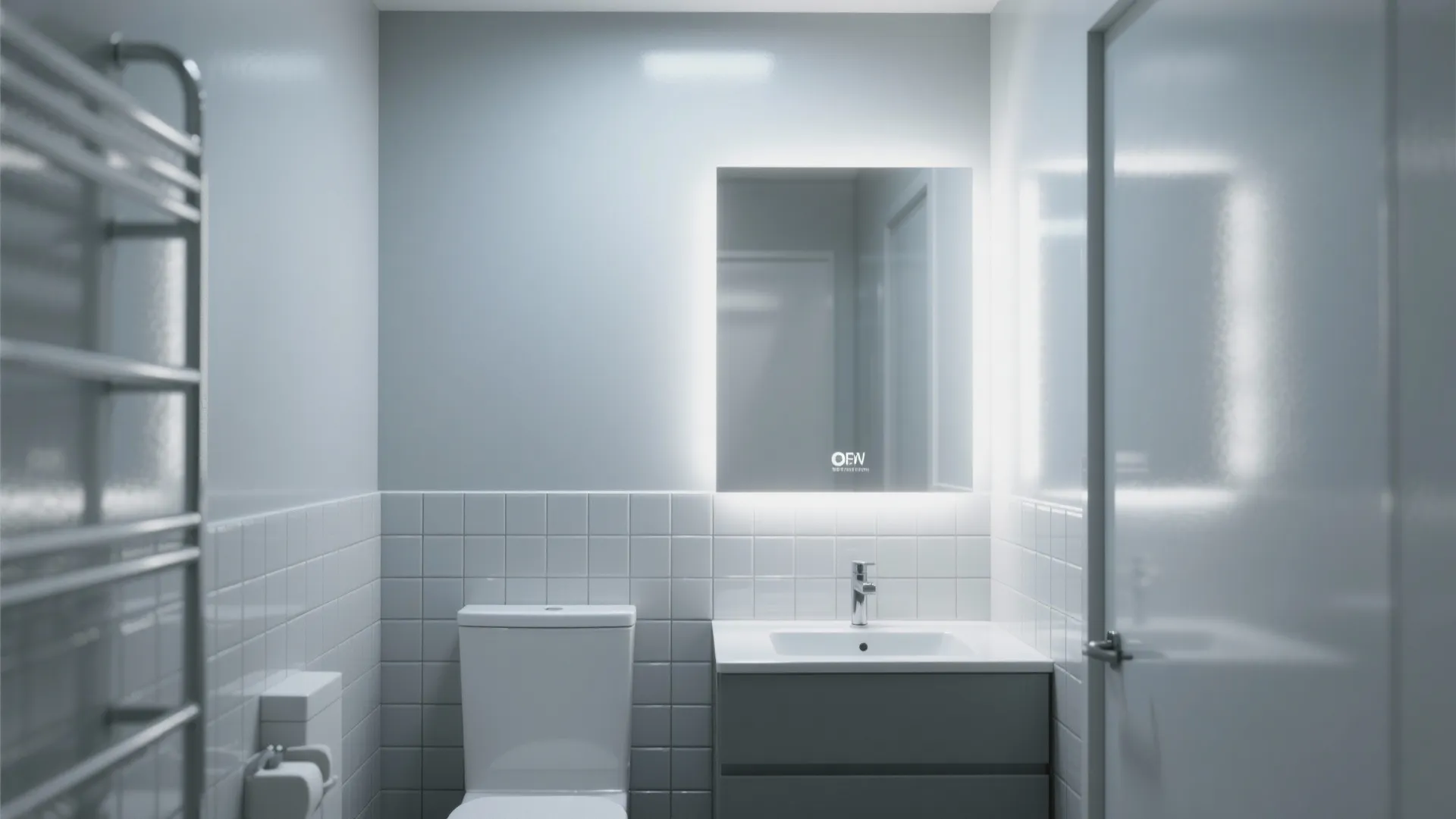 Modern bathroom interior design drawing with grey walls white square tiles toilet and glowing mirror