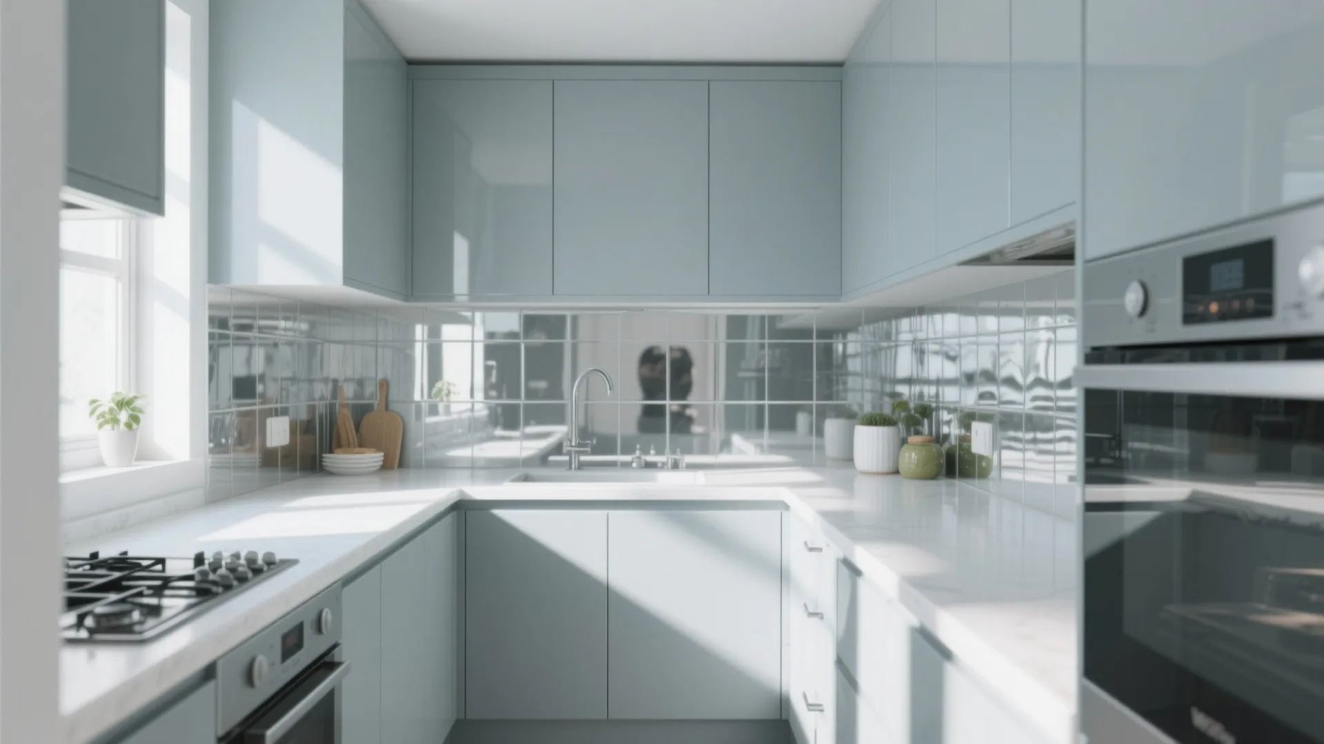 Modern light blue kitchen with white countertops mirrored backsplash gas stove sink and natural sunlight