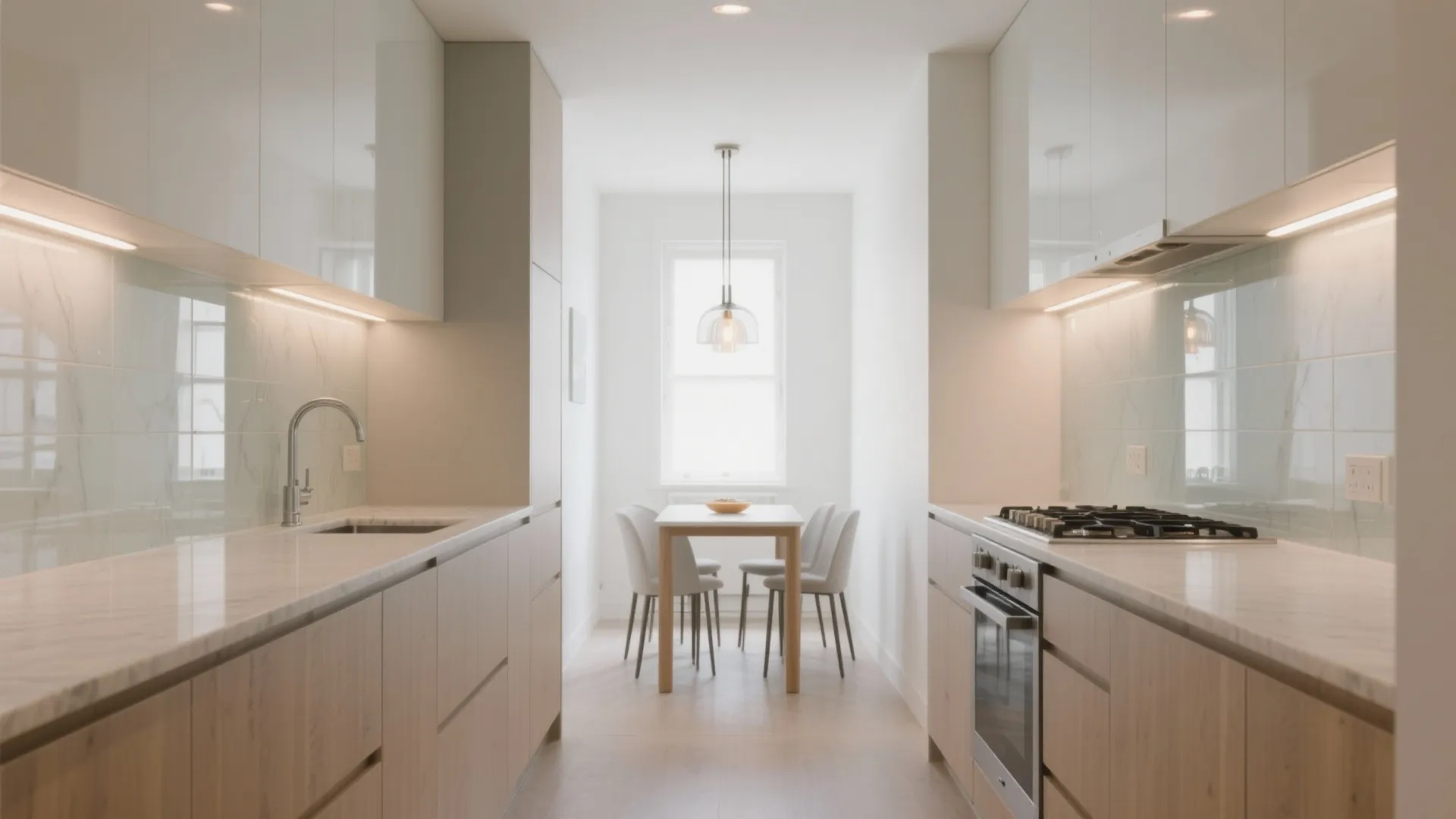 Bright narrow kitchen with white upper cabinets, wood lower cabinets, and small dining table set nearby