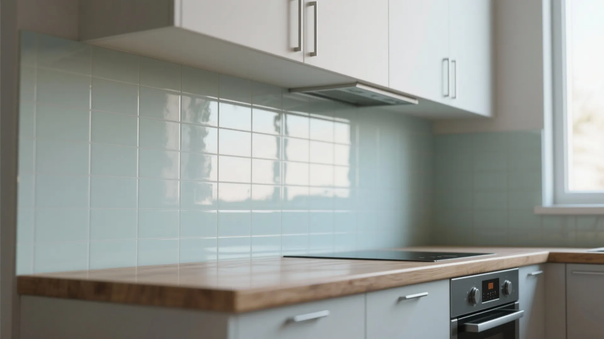 Bright kitchen with glossy backsplash, pale cabinets and clerestory window creating visual space