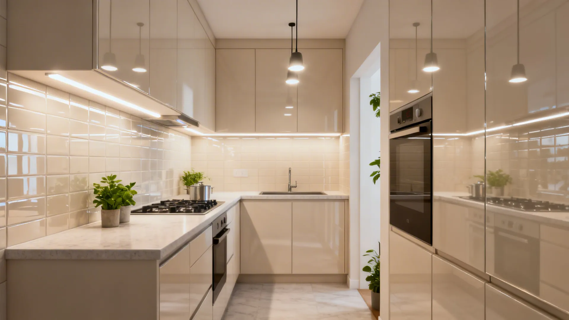 Small kitchen using reflective backsplash and layered lighting to appear larger and brighter.