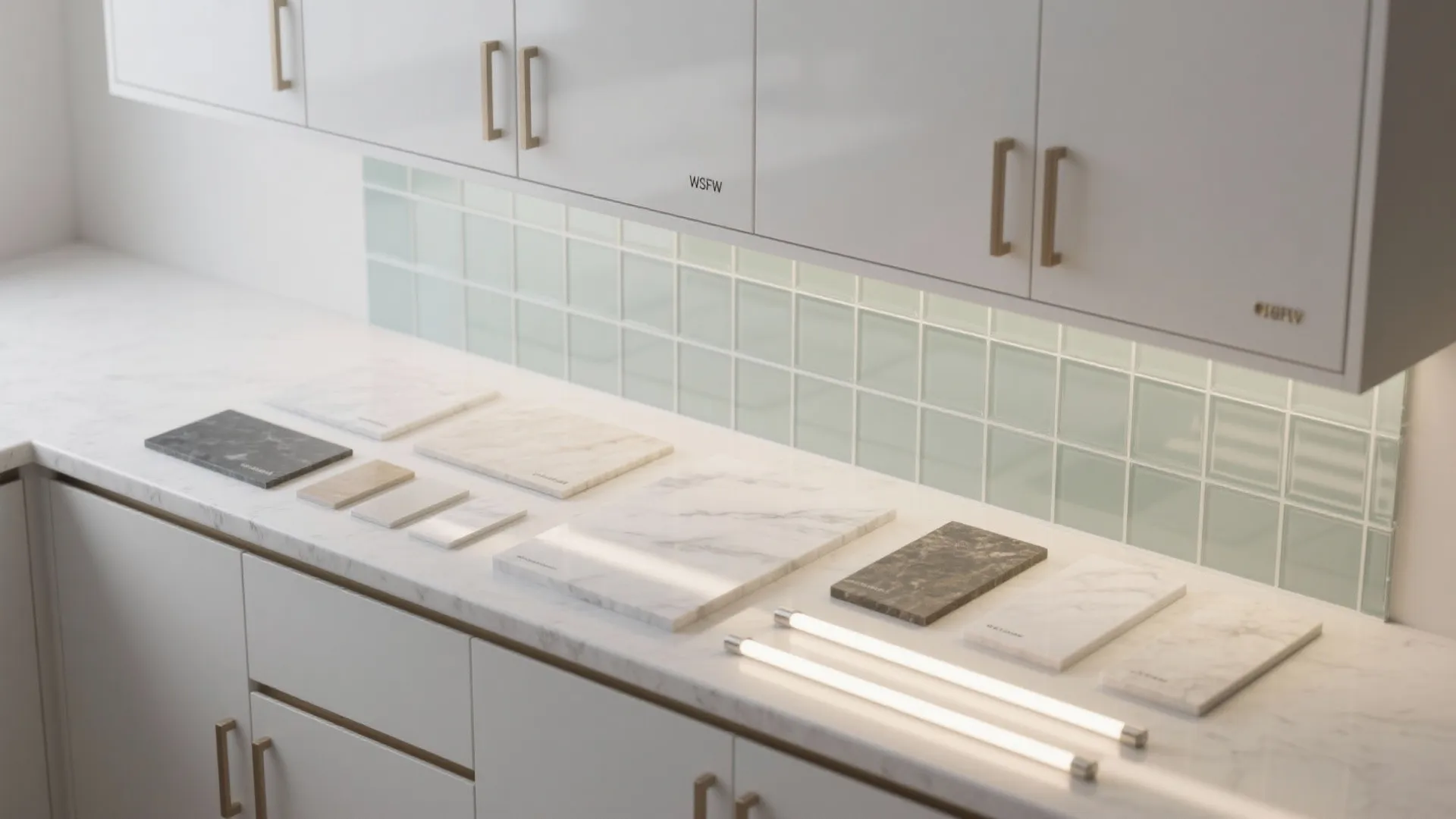Marble samples on white countertop under cabinets with light green tile wall and light tubes