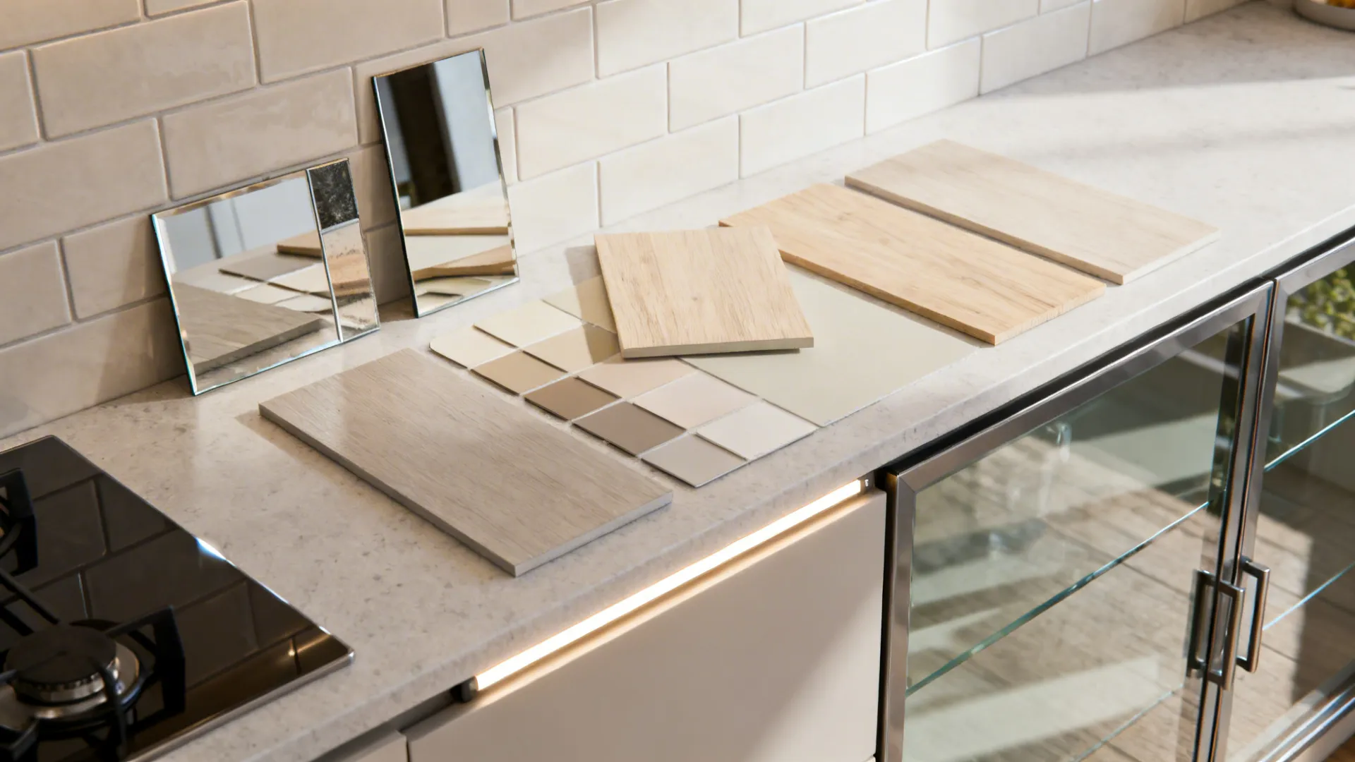 Material samples: mirror backsplash, glass cabinet front, light tiles and under-cabinet LED sample.