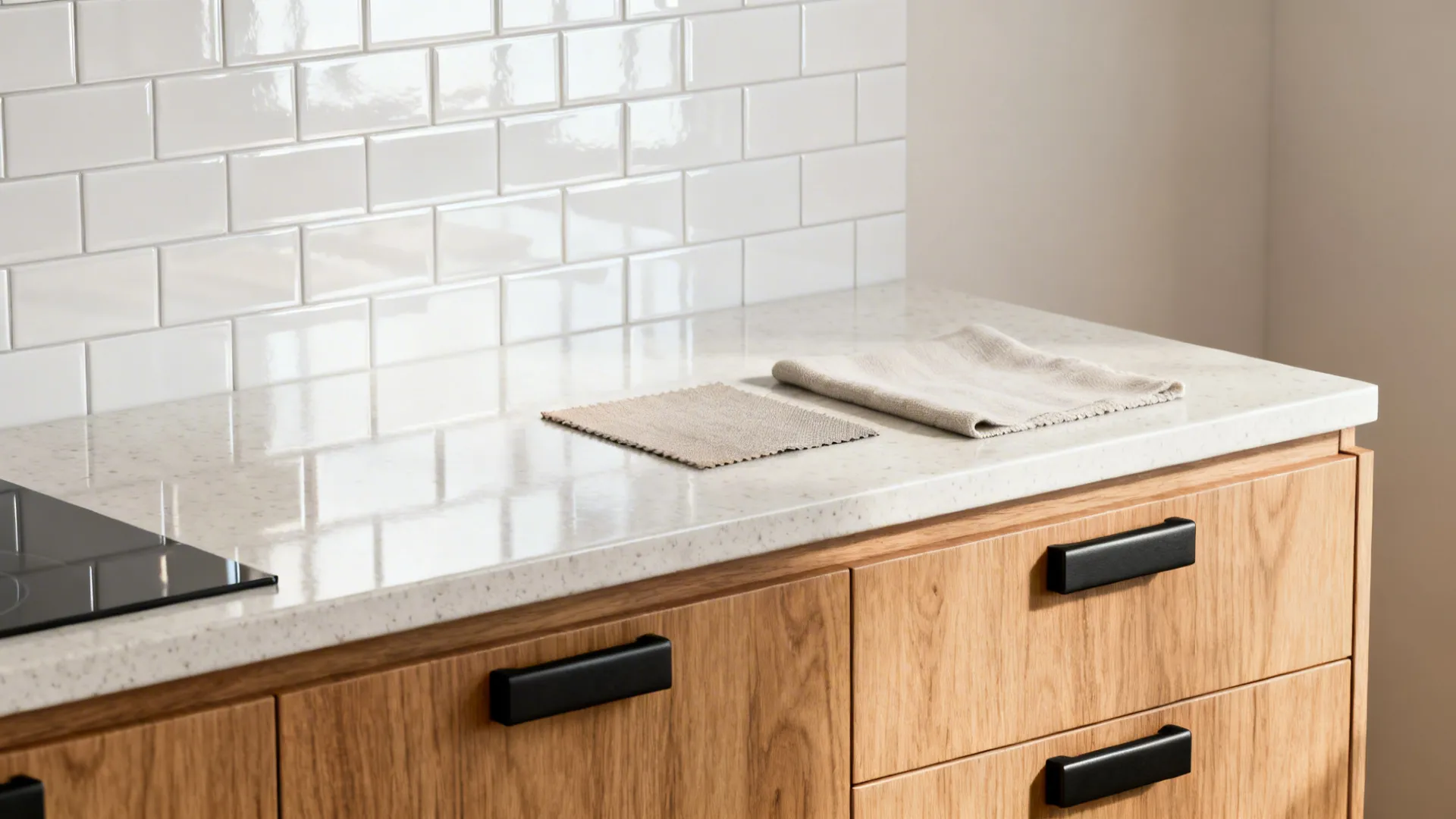 Material palette of reflective backsplash, light quartz, warm wood, and matte hardware for a small kitchen.