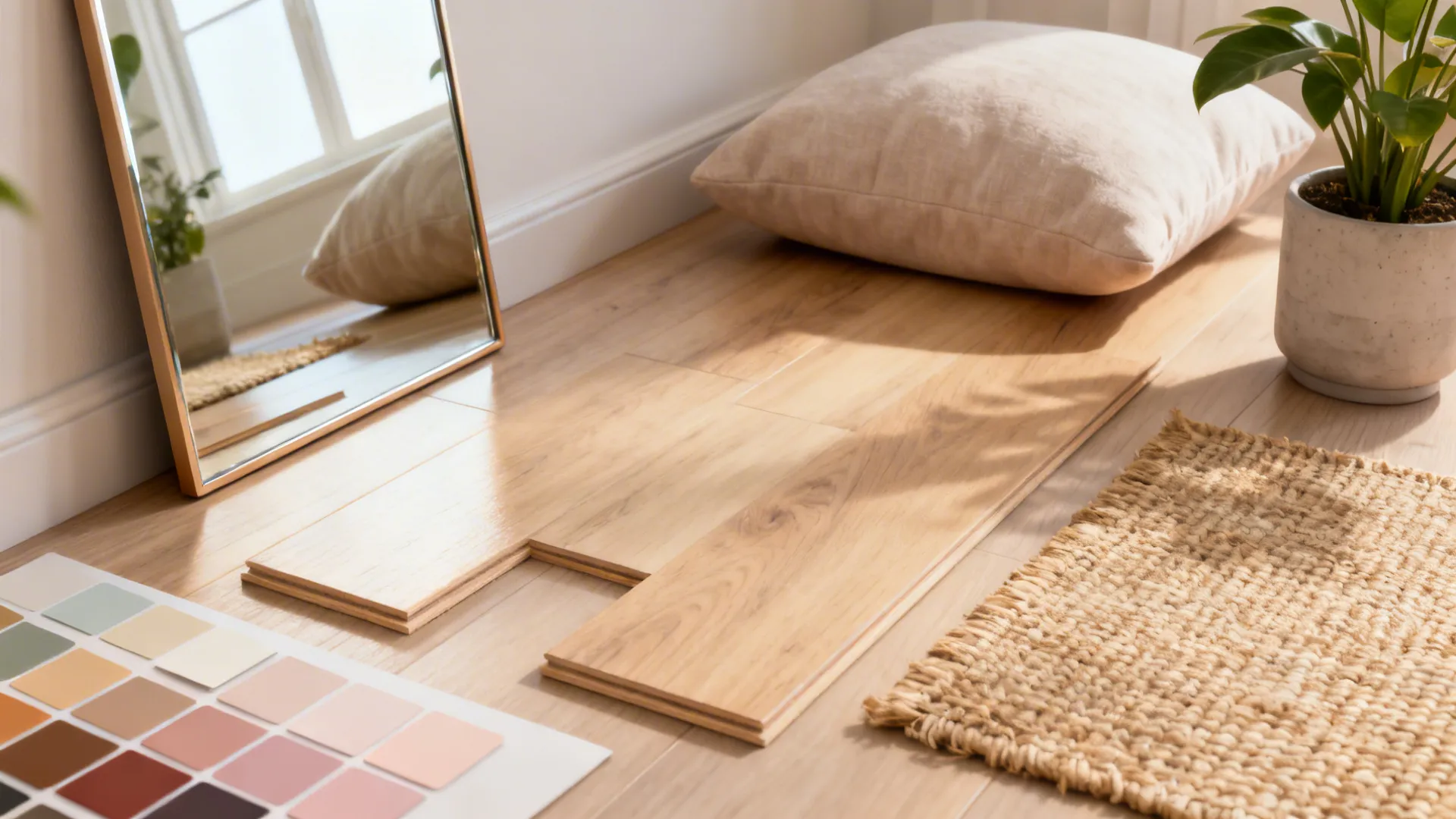 Palette and material samples: warm neutrals, pale wood, natural fibers and a mirror sample for a small living room.