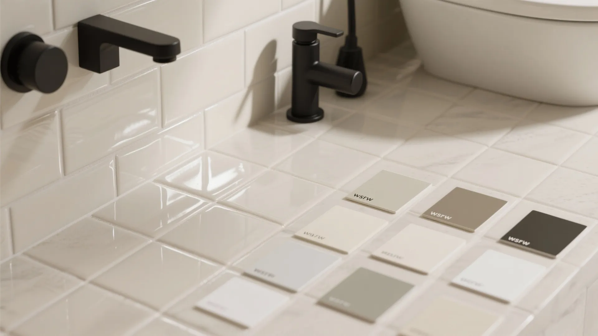 Close up of white wall tiles with black faucets and colorful square material samples on counter