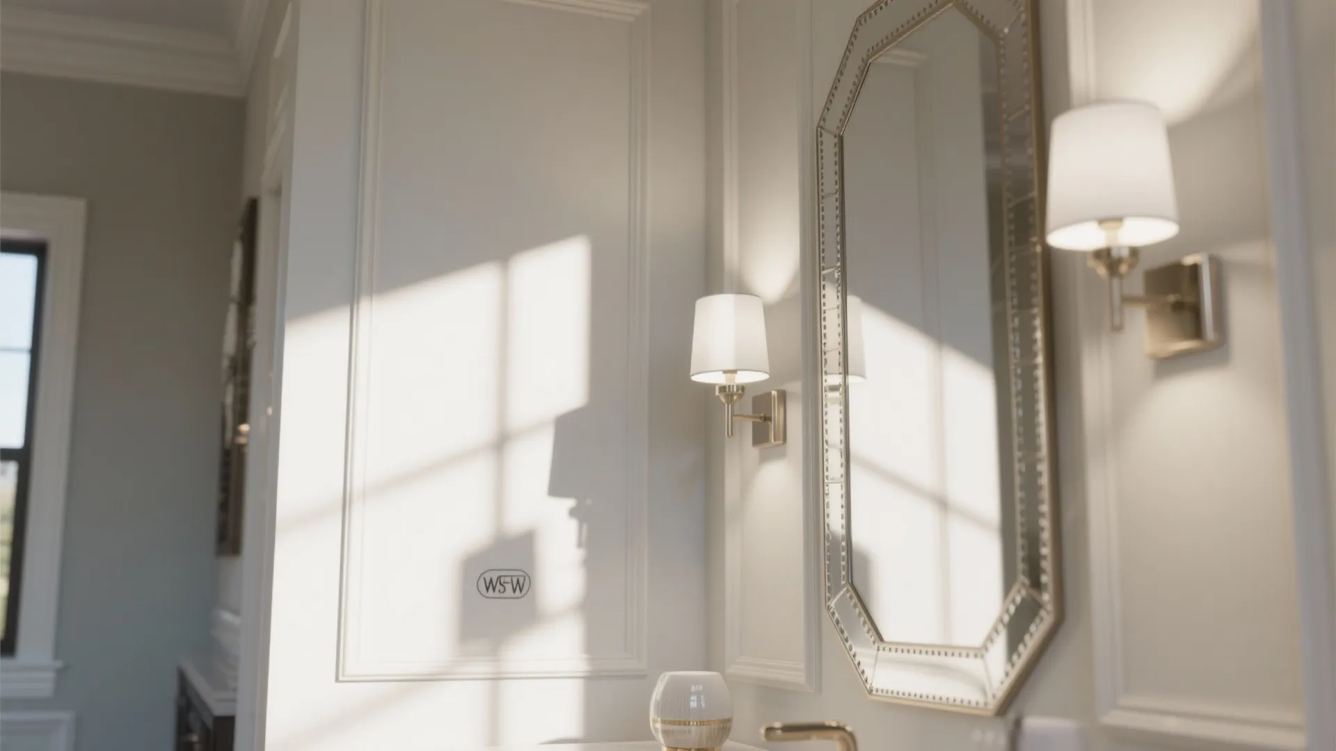 Close-up of light paint, semi-gloss trim, mirror and matte metallic fixtures amplifying natural light.