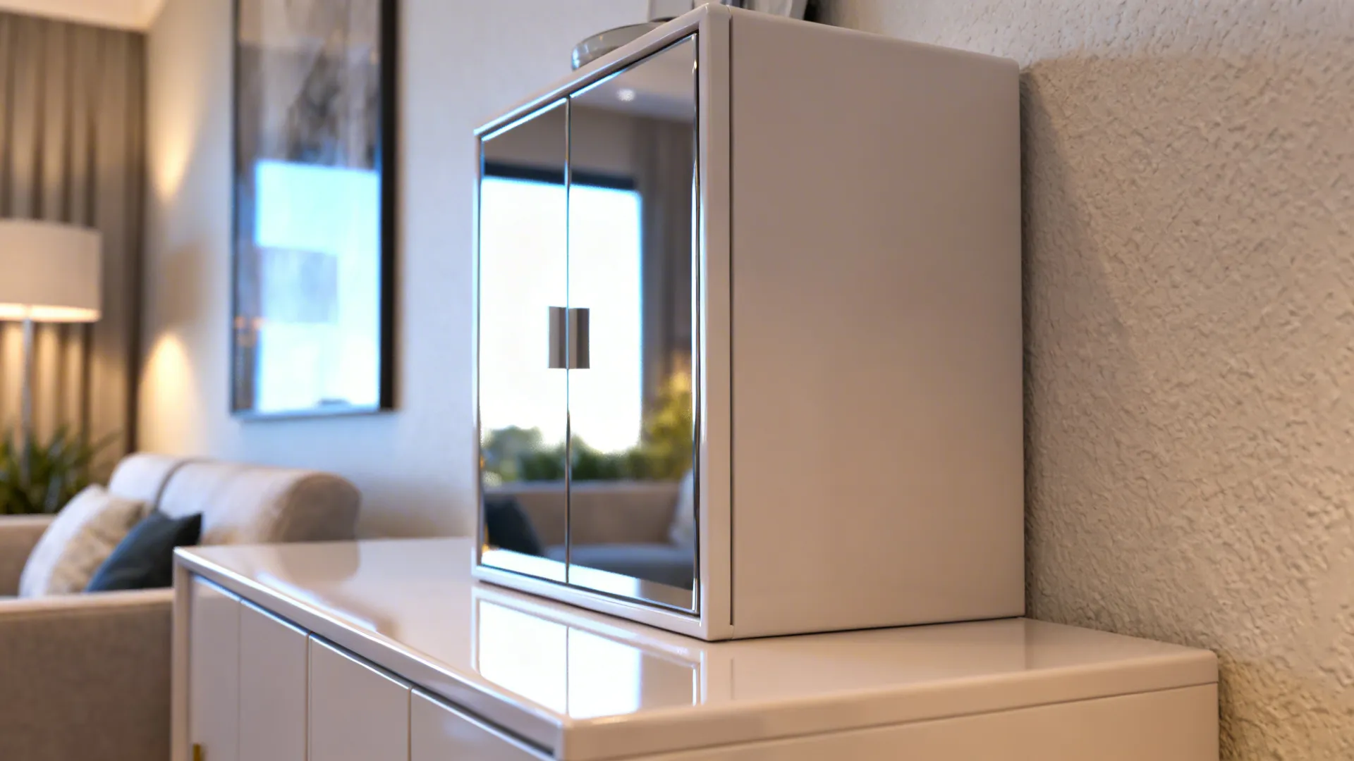 Mirrored cabinet and glossy pale finishes reflecting light in a compact living room