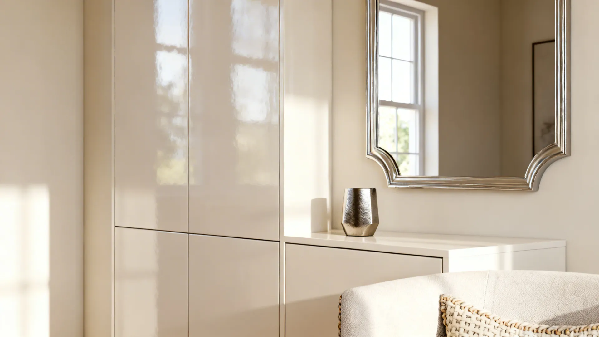 Light neutral walls, glossy finishes and a mirror reflecting daylight to enlarge the room visually