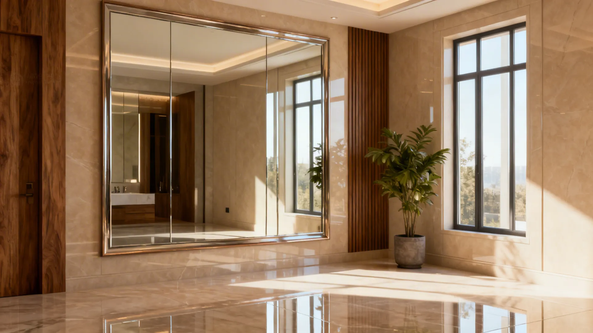 Warm neutral room with glossy surfaces and a mirror reflecting daylight to amplify space