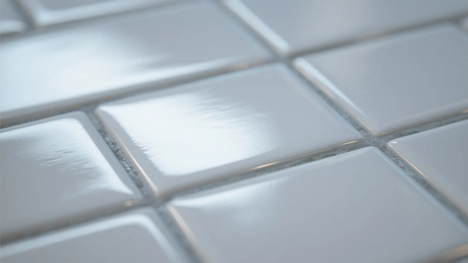 Close up view of shiny white rectangular bathroom wall tiles reflecting bright light across surface