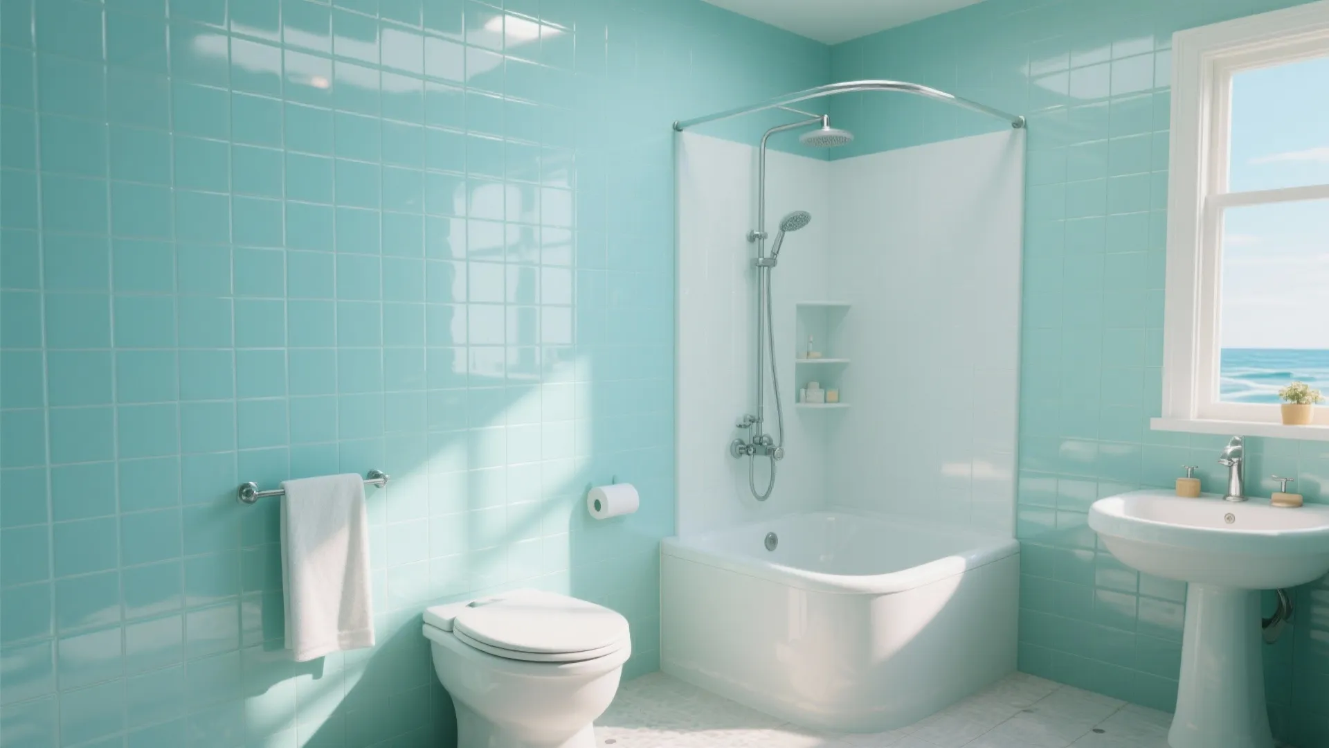 Bright blue tiled bathroom featuring a white bathtub toilet pedestal sink and natural window light